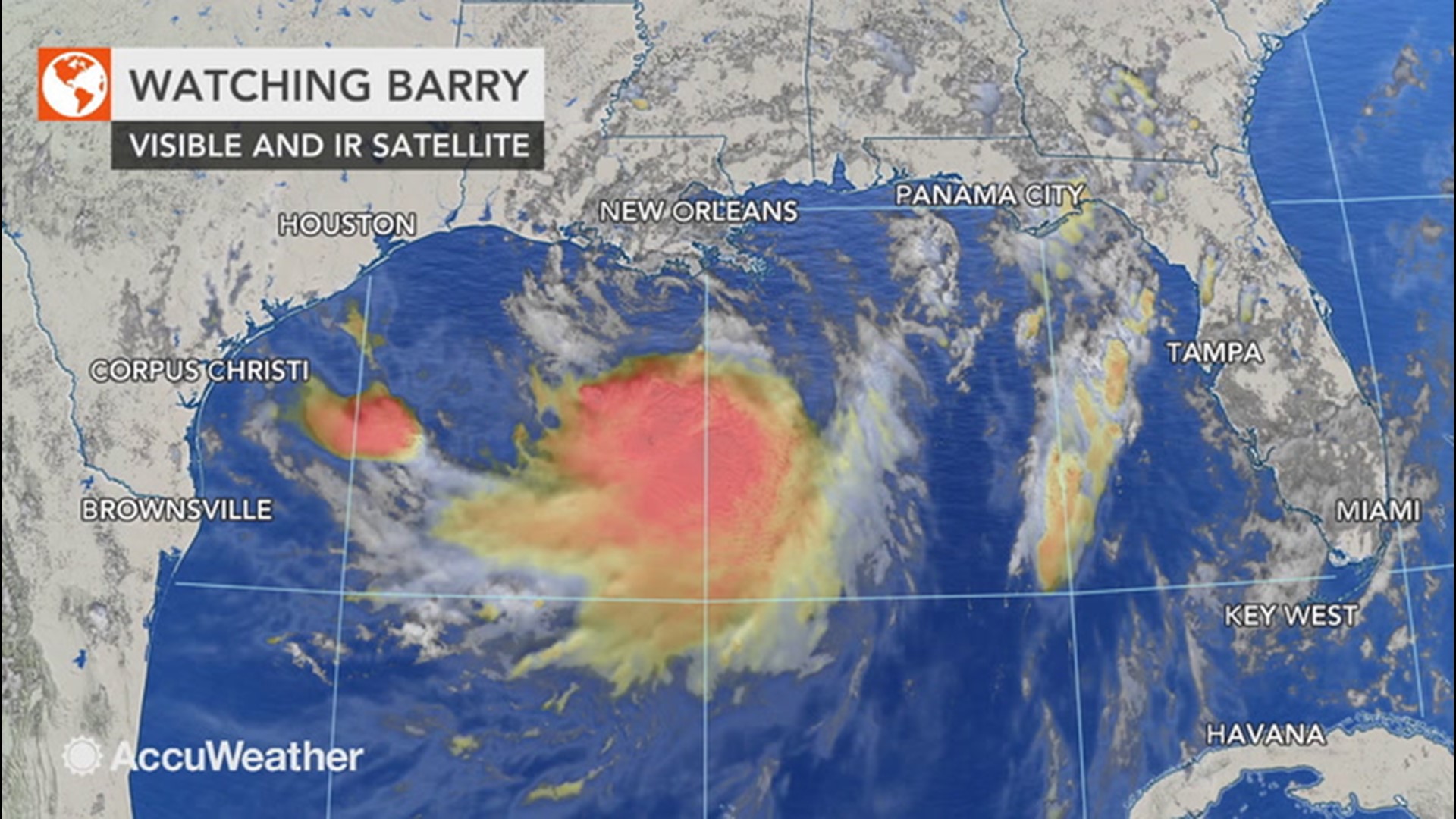 Satellite imagery of Tropical Storm Barry shows the massive system tracking through the Gulf of Mexico as it approaches landfall on the Louisiana coast.
