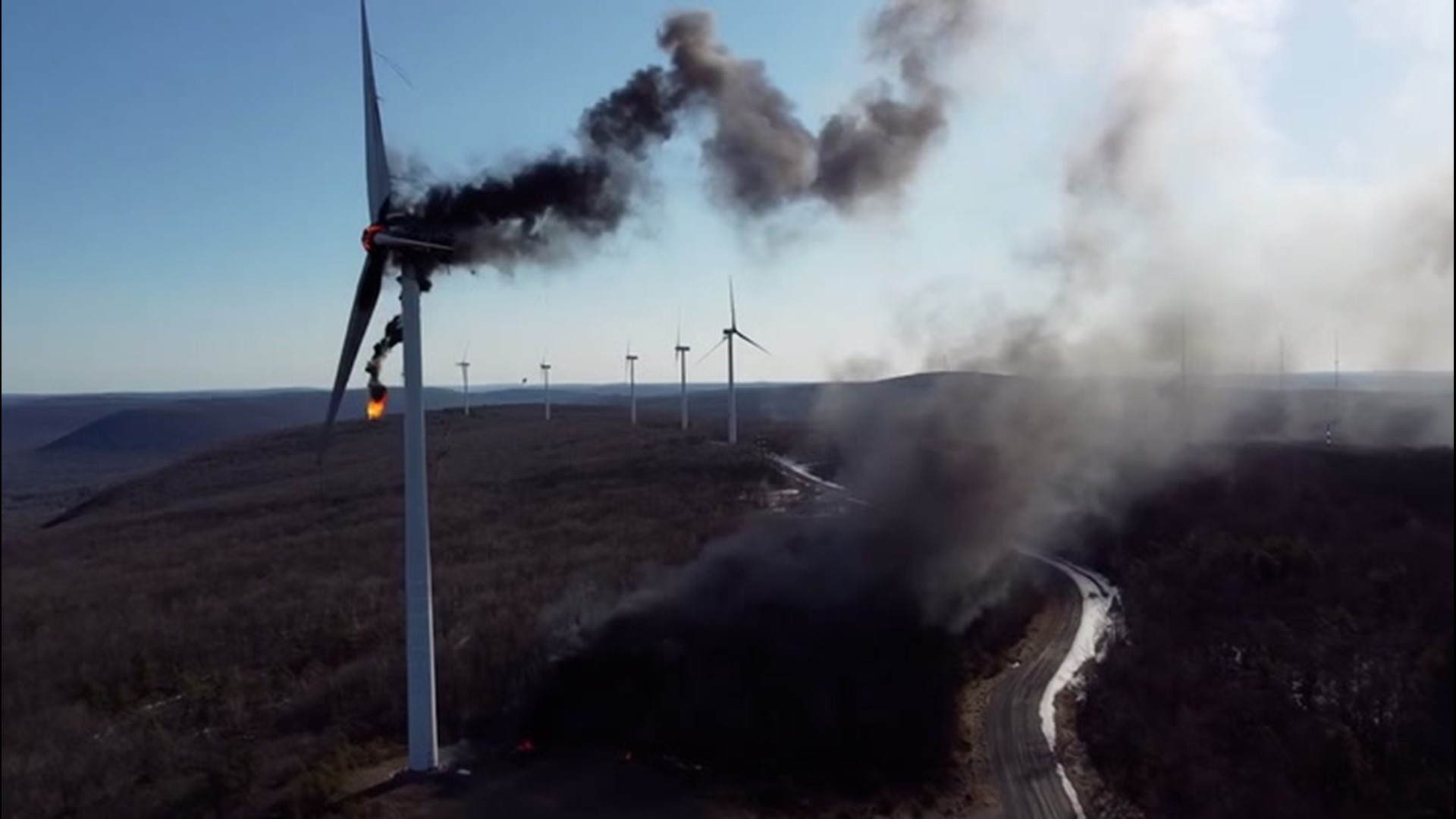A wind turbine in Mahanoy City, Pennsylvania, caught on fire on March 13. Firefighters say it burned out on its own without causing brush fires.