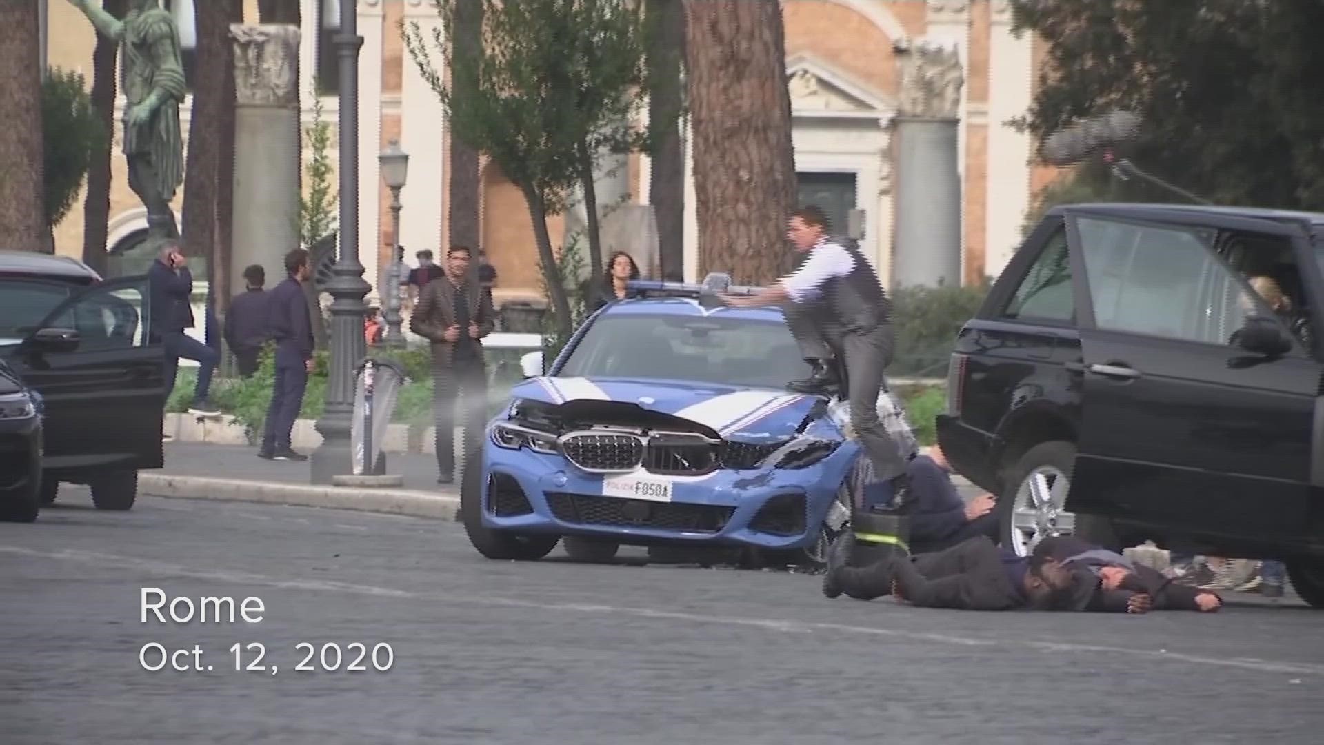 Tom Cruise and Hayley Atwell filming a scene for "Mission: Impossible 7" in Rome, Italy, Oct. 12, 2020.