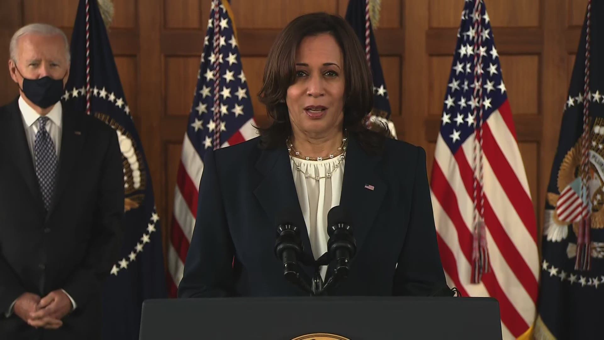 Vice President Kamala Harris speaks about the increase in anti-Asian violence across the U.S. following this week's deadly shootings at Atlanta spas.