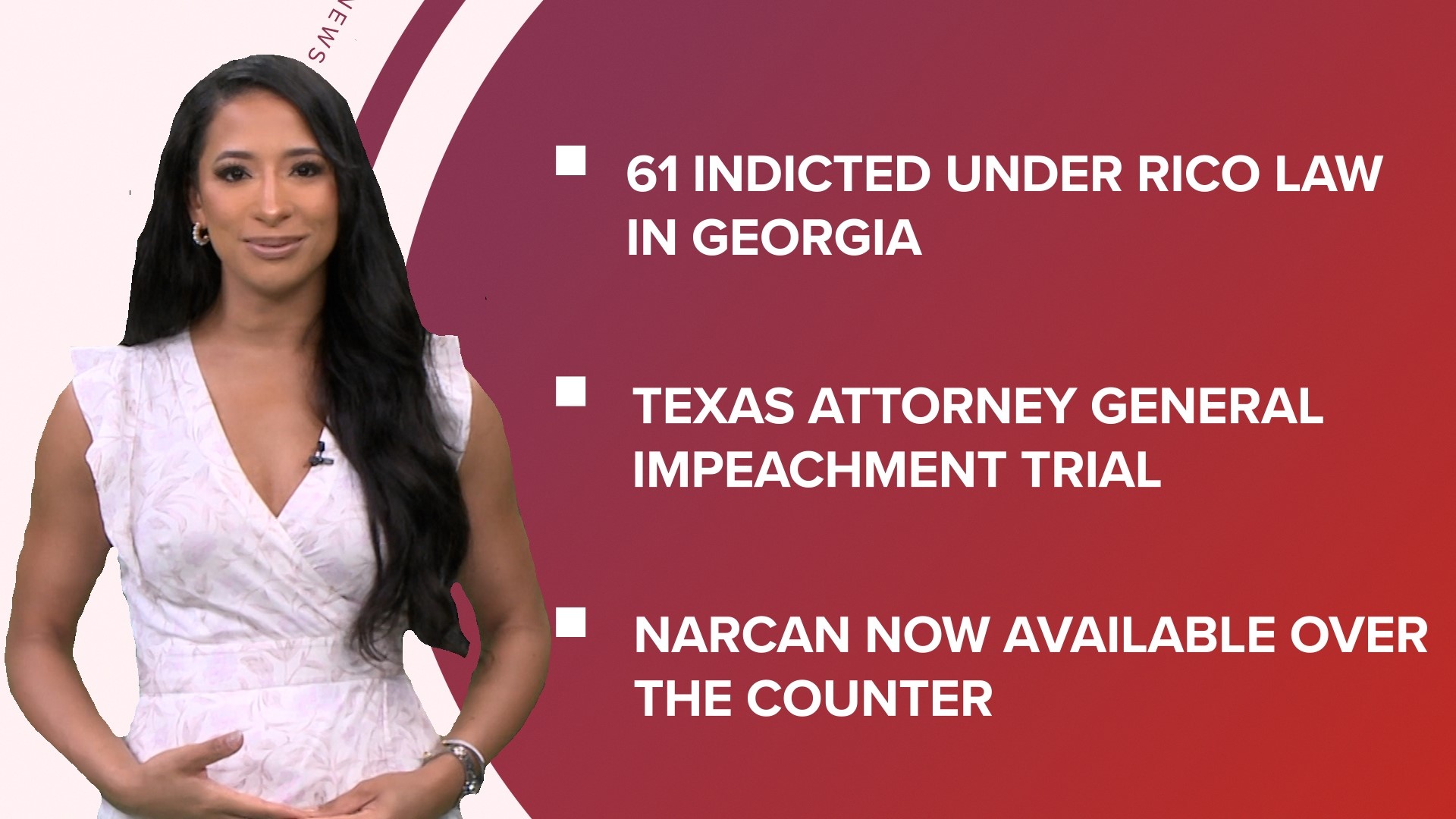 A look at what is happening in the news from 61 indicted in Georgia under RICO law to Narcan available over the counter and Coco Gauff in the US Open semifinals.