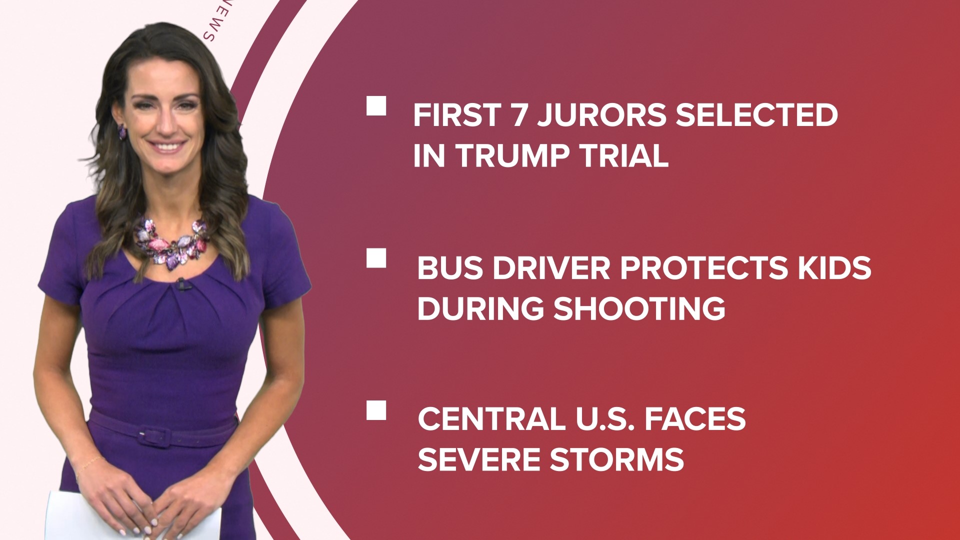 A look at what is happening in the news from 7 jurors selected so far in Trump's criminal trial to severe weather in the central U.S. and the Olympic flame is lit.