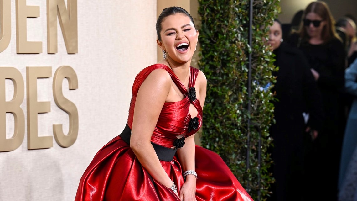 green emerald velvet dress Selena Gomez Grape Velvet 2023 Golden Globes Awards Dress