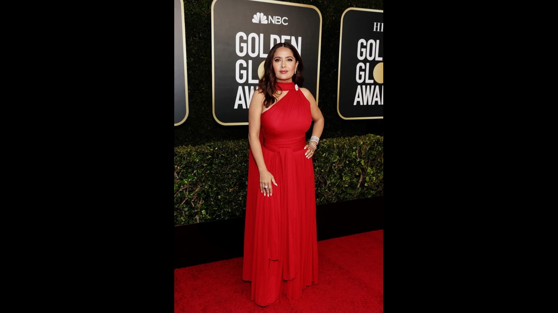 salma hayek red dress golden globes Salma Hayek Sparkles in Gucci Dress for Golden Globes 2025 Red Carpet