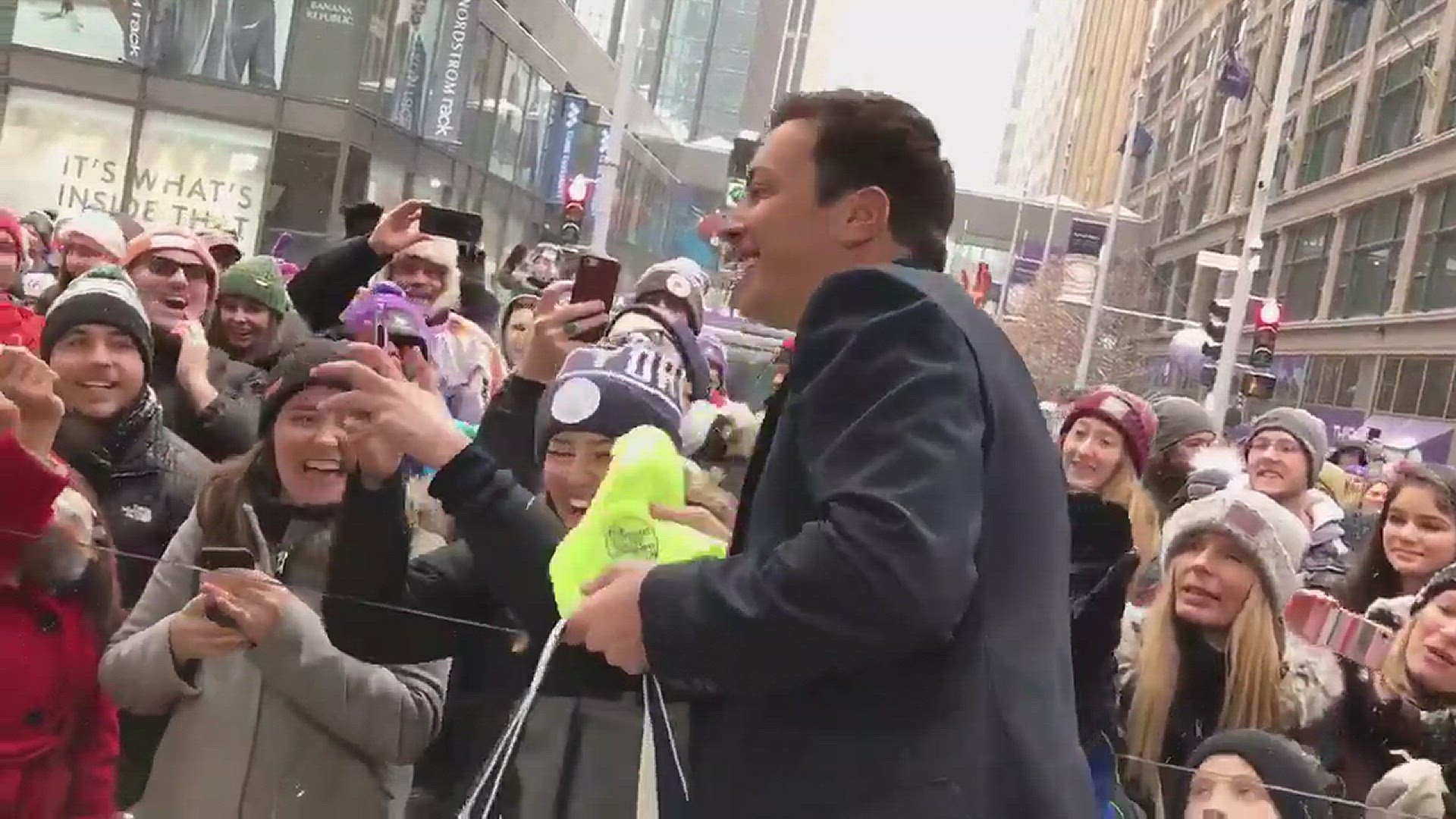 Tonight Show host Jimmy Fallon stopped by KARE 11's Warming House Saturday morning and tossed out some gifts for a few lucky fans.