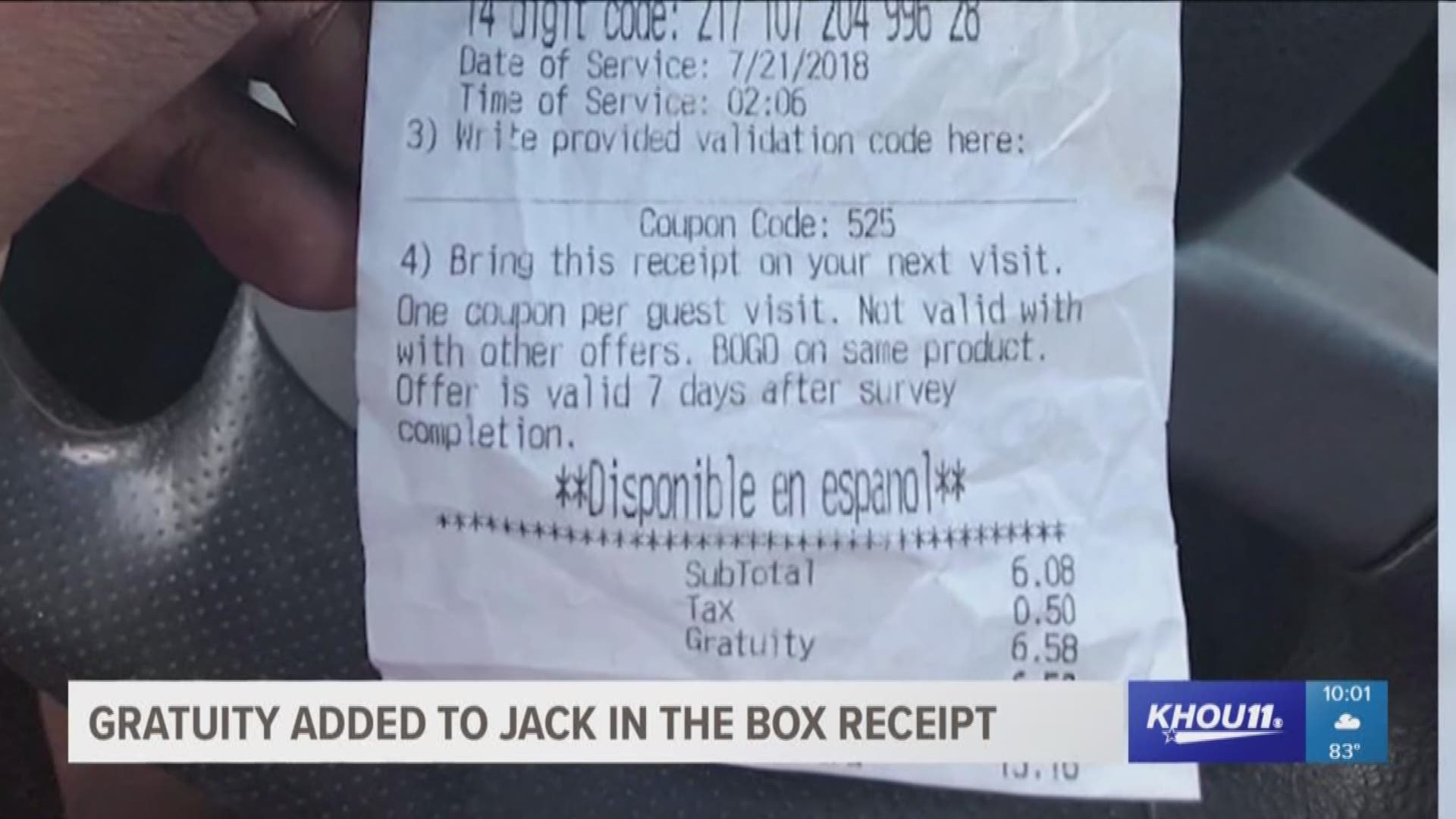 A man spotted a 100-percent gratuity added to his $6 bill at a local Jack in the Box - and he wasn't the only one.