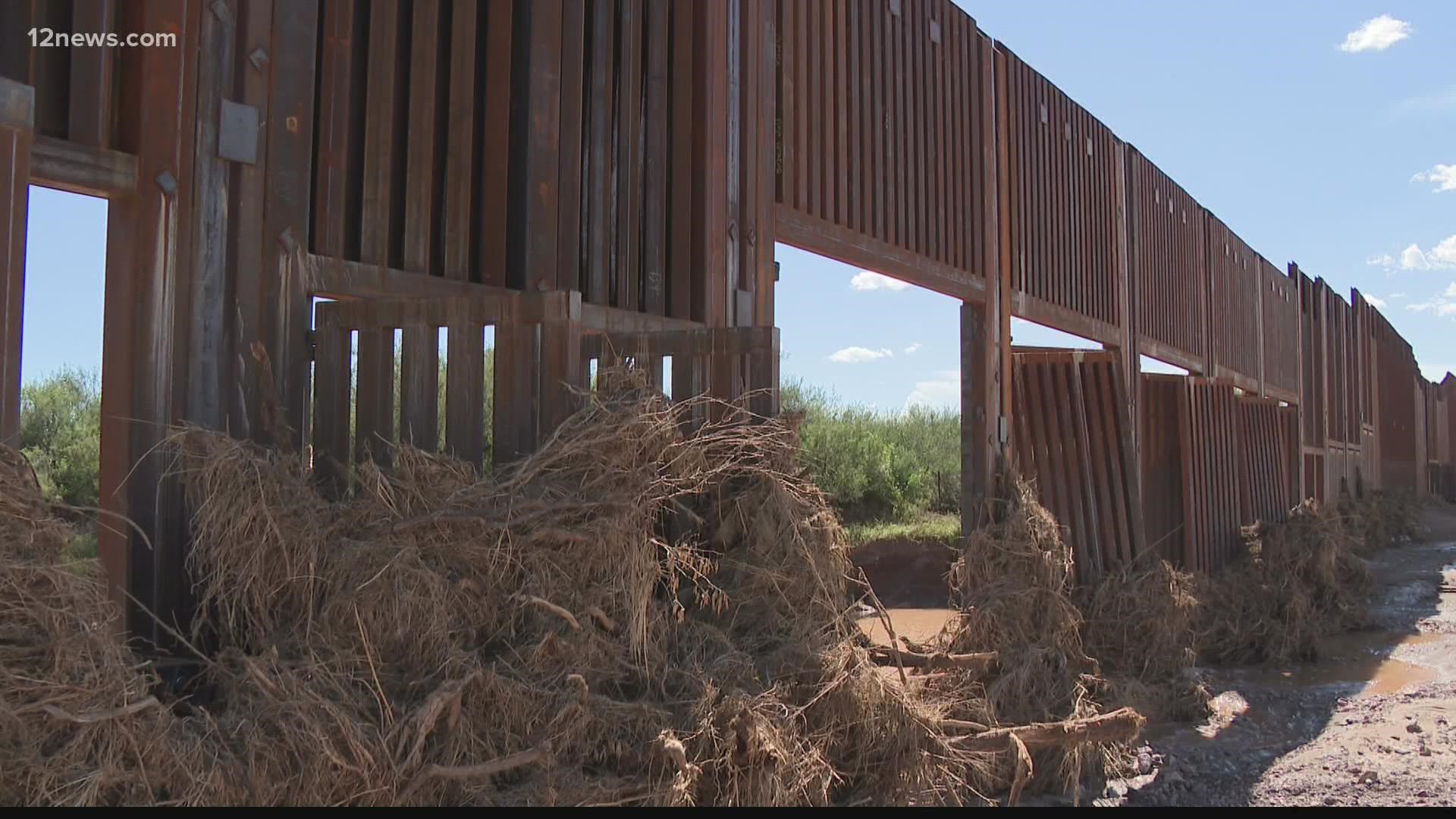 Monsoon floods have ripped off parts of the new, $15 billion border wall near Douglas, AZ. Twisted metal, missing gates and flood debris entangle the wall.