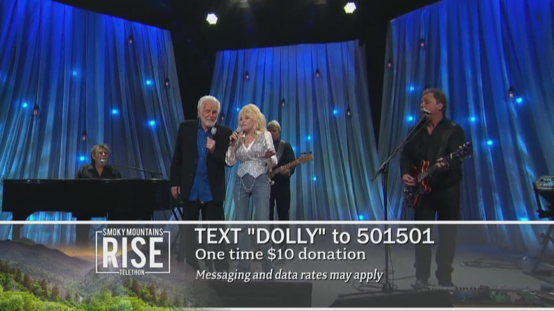 Dolly Parton joined by Kenny Rogers to sing their famous duet Islands in the Stream on the Smoky Mountains Rise telethon