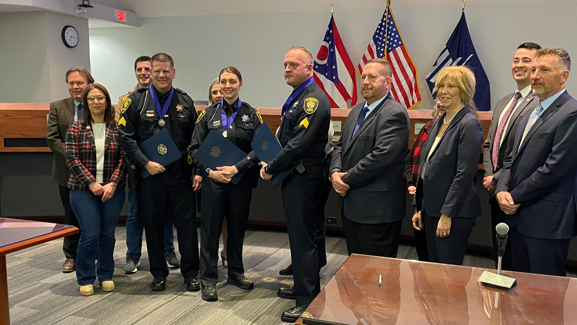 Sgt. Justin Sheasby, Sgt. Kyle Parrish, and Officer Kaylea Pertz were honored at the Gahanna City Council meeting Monday night.