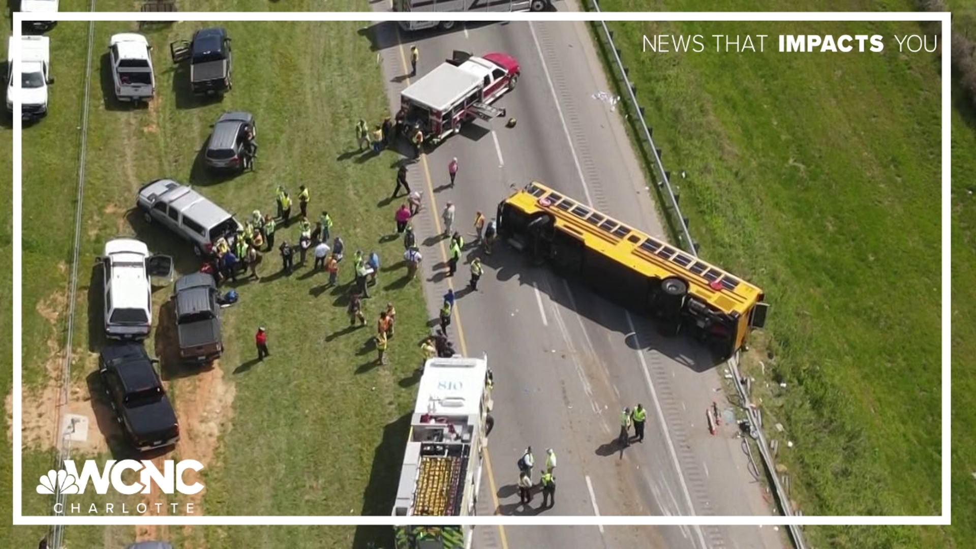The crash was caused by a tire blowing out on the bus. The bus overturned during the crash on I-77 in Chester County.