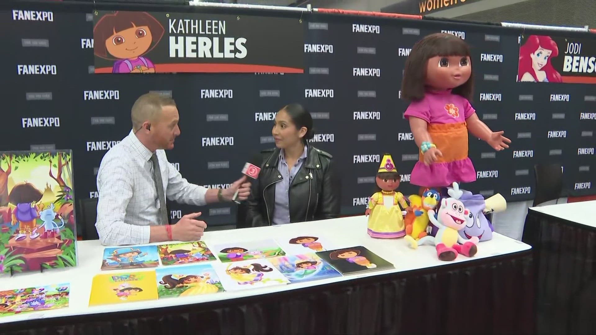 "Dora the Explorer" voice actress Kathleen Herles speaks with 3News' Mike Polk Jr. at Fan Expo Cleveland in the Huntington Convention Center of Cleveland.