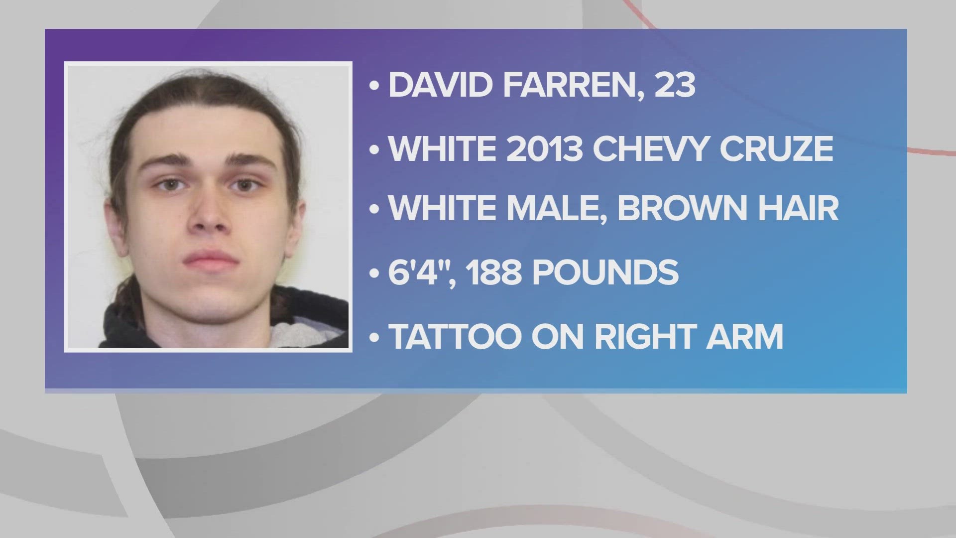 Police say David Farren is wanted for aggravated vehicular homicide and “other related charges.”