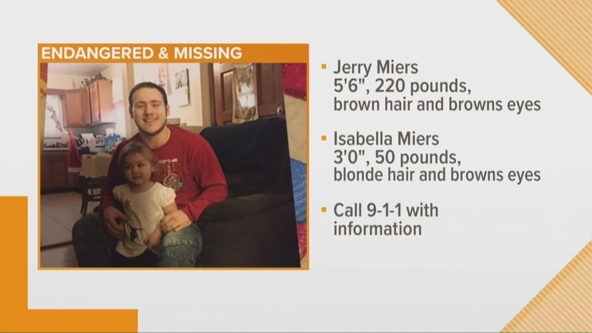 Sept. 16, 2019: Authorities are asking for the public’s help in finding a missing 20-year-old man and his 3-year-o0ld daughter who have both been listed by police as 'endangered.' The missing pair are described as follows: 20-year-old Jerry Miers is approximately 5’6” tall and weighs 220 pounds. He has brown hair and brown eyes. 3-year-old Isabella Miers is 3’ tall and weighs 50 pounds. She has blonde hair and brown eyes.