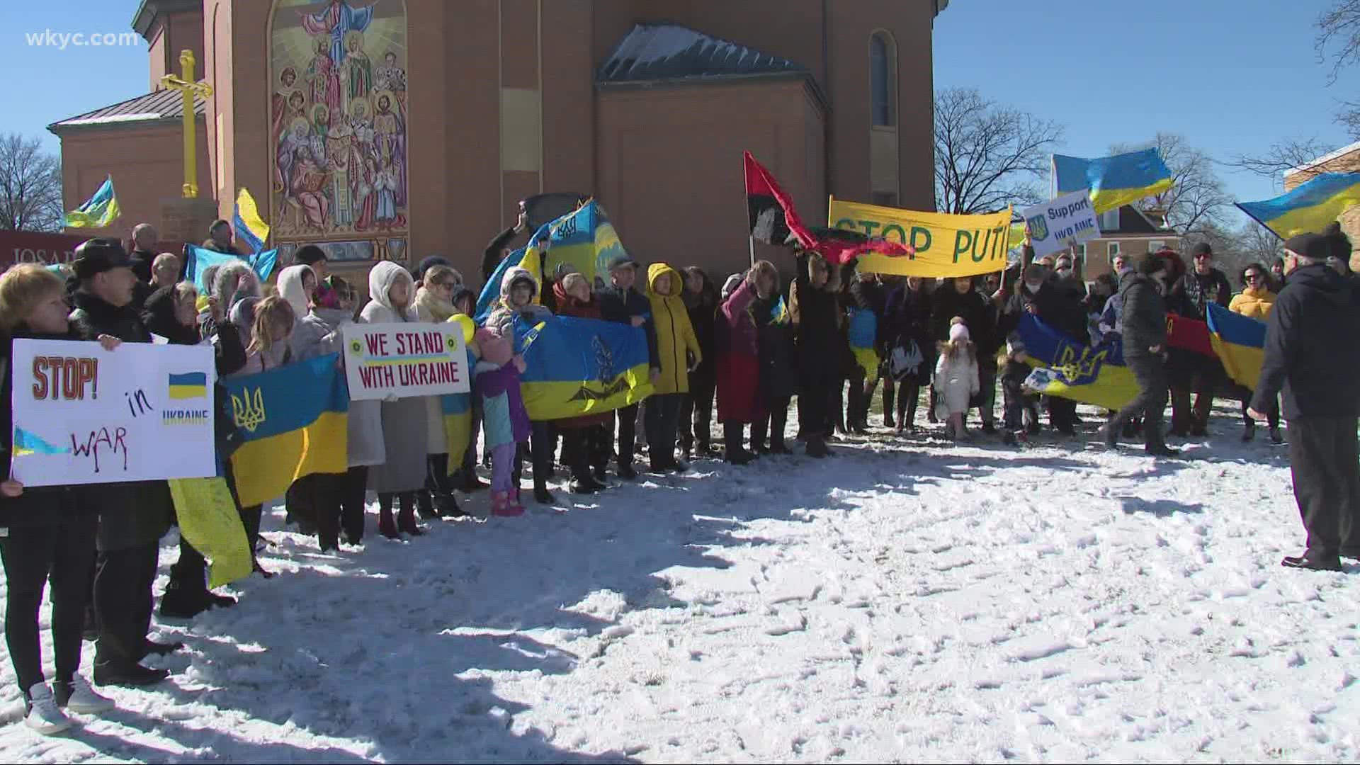More than a hundred protestors gathered outside Saint Josaphat Cathedral in Parma on the eighth anniversary of Russia's annexation of Crimea.
