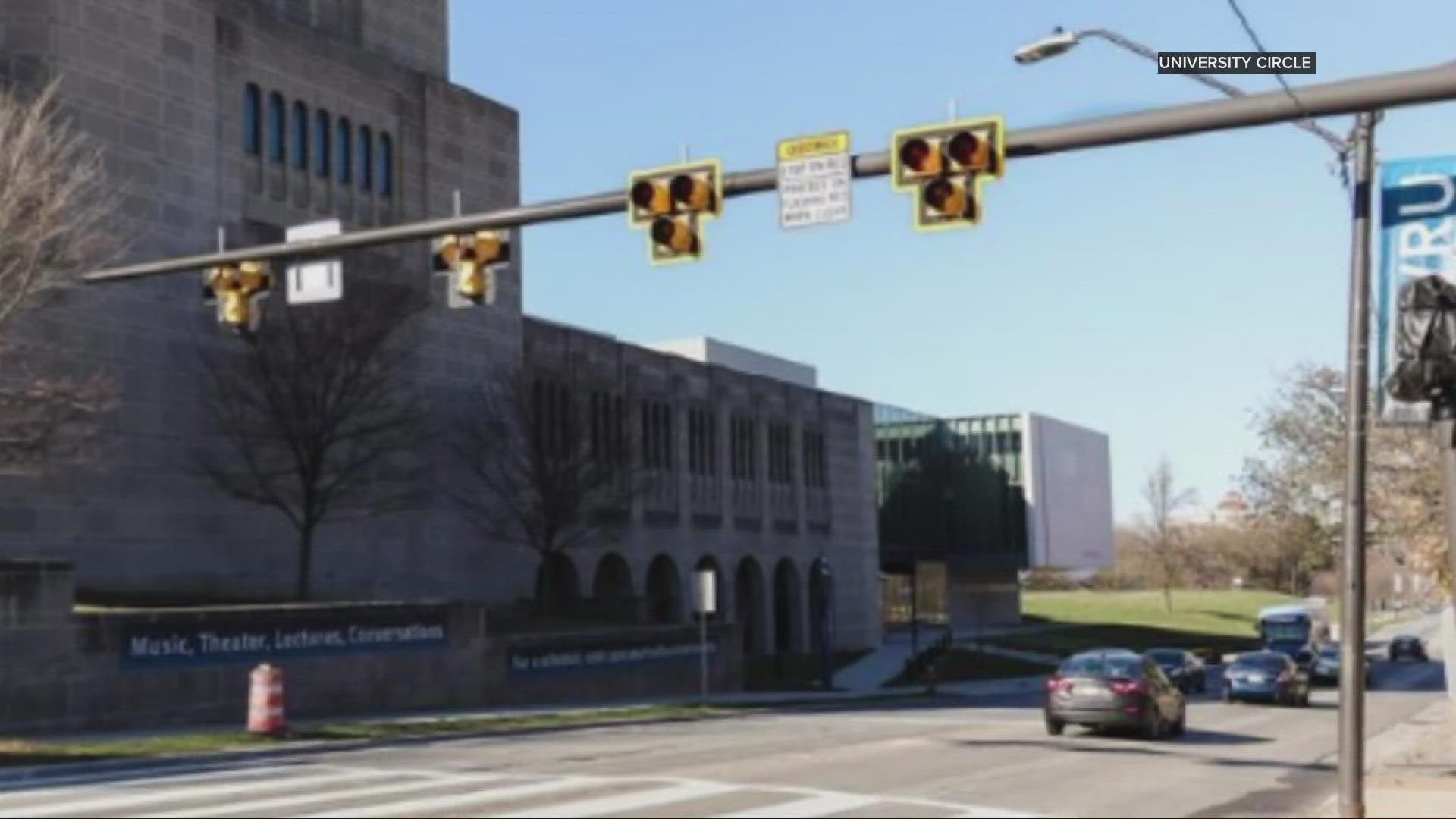 The signal, also known as a pedestrian hybrid beacon, is located at East 105th Street between Chester Avenue and Martin Luther King, Jr. Drive in University Circle.