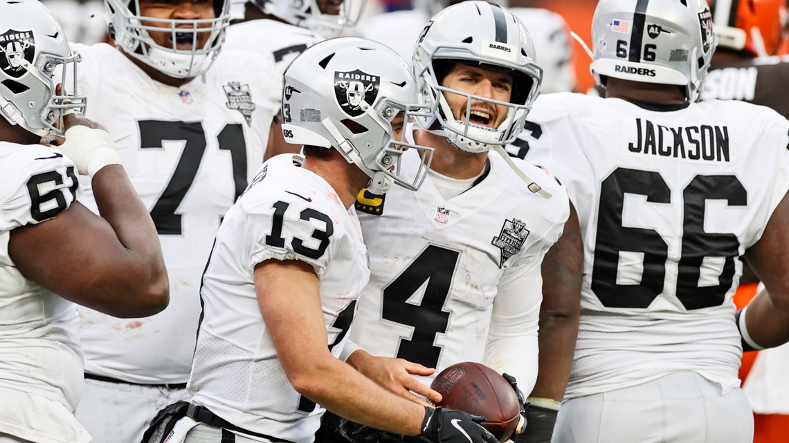 Hunter Renfrow of the Las Vegas Raiders scores a touchdown past