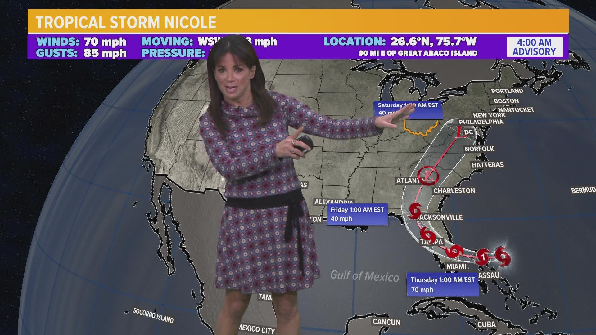 Tropical Storm Nicole is just below hurricane strength as it continues an approach toward Florida's east coast.