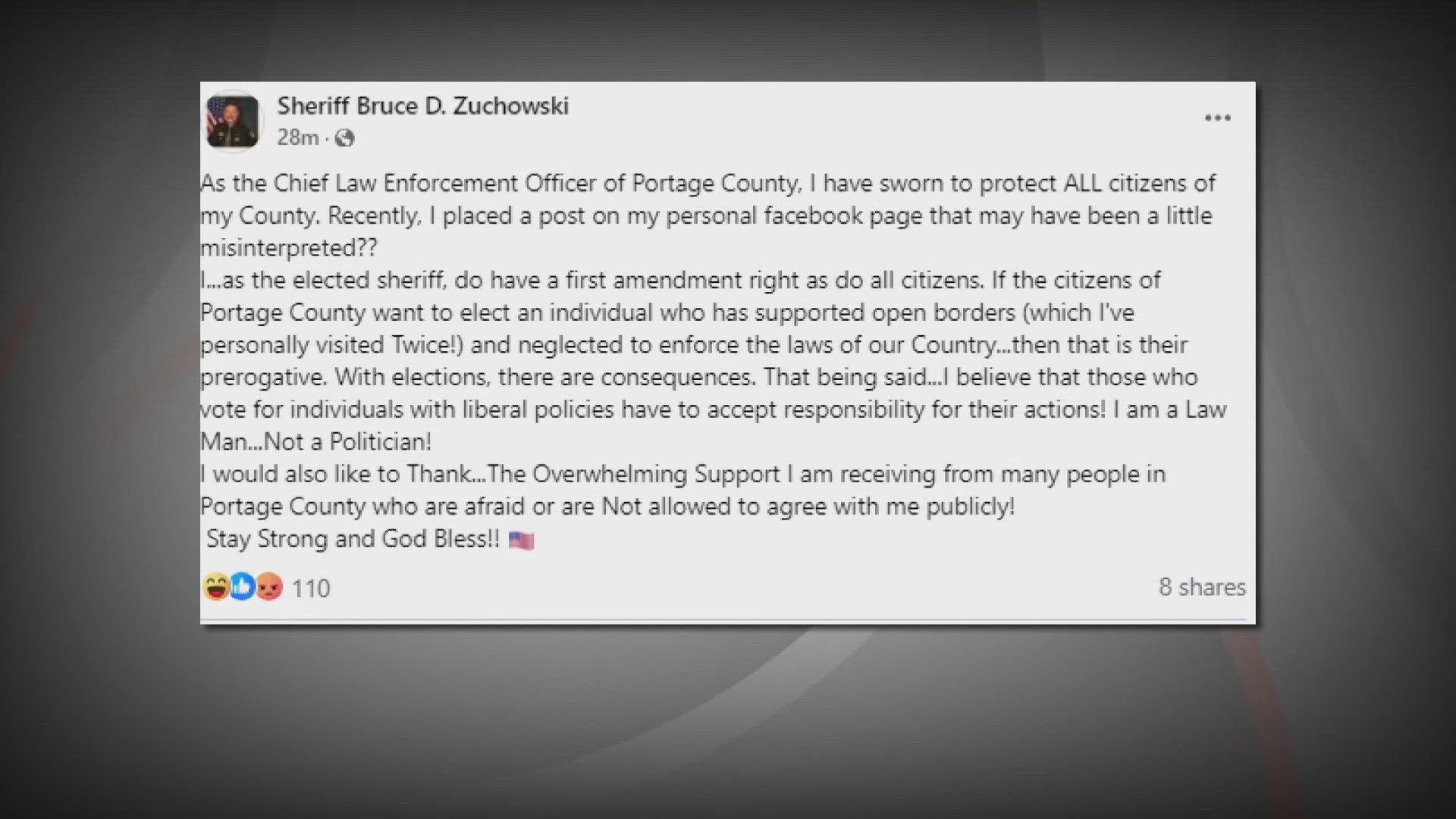 'I have sworn to protect ALL citizens of my County,' Sheriff Bruce Zuchowski wrote, even as he doubled down on prior remarks against those with Harris yard signs.