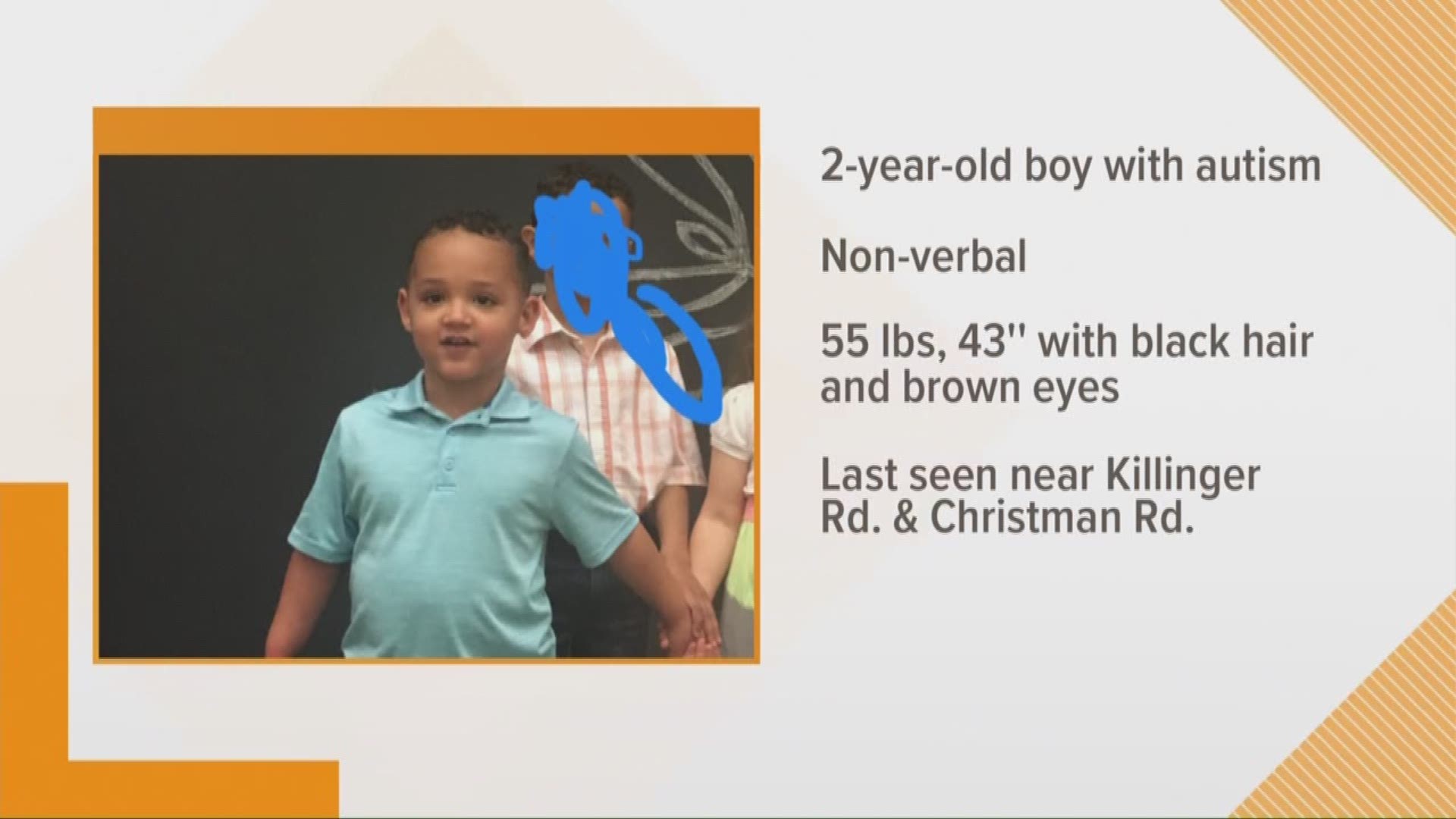 April 22, 2019: Authorities are searching for a 2-year-old boy who is missing from Green. The boy, Kaven Fisher, is non-verbal and autistic. He was last seen at home around 8:30 p.m. Sunday in the area of Killinger and Christman roads in Green.