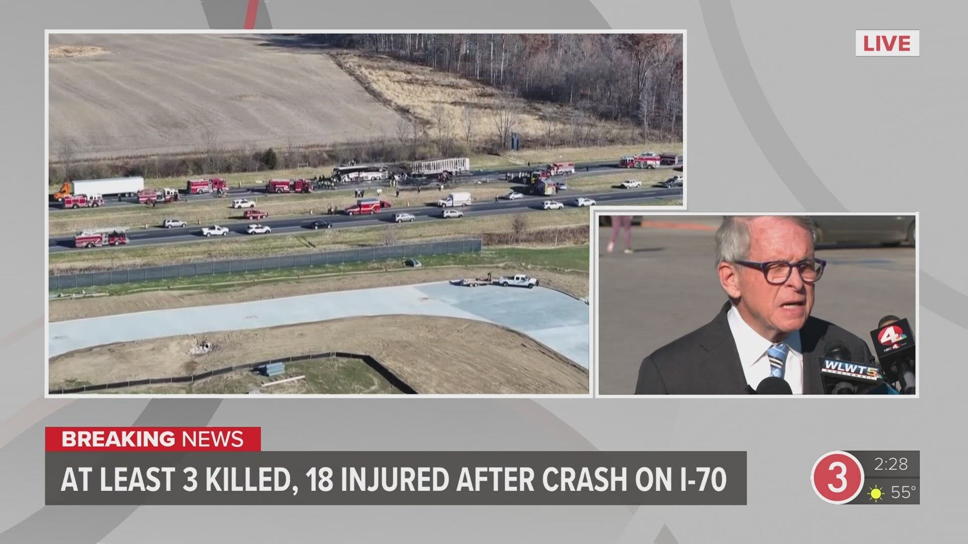 A charter bus carrying students from Tuscarawas Valley High School was rear-ended by a semi-truck, leaving three people dead and 15 injured.