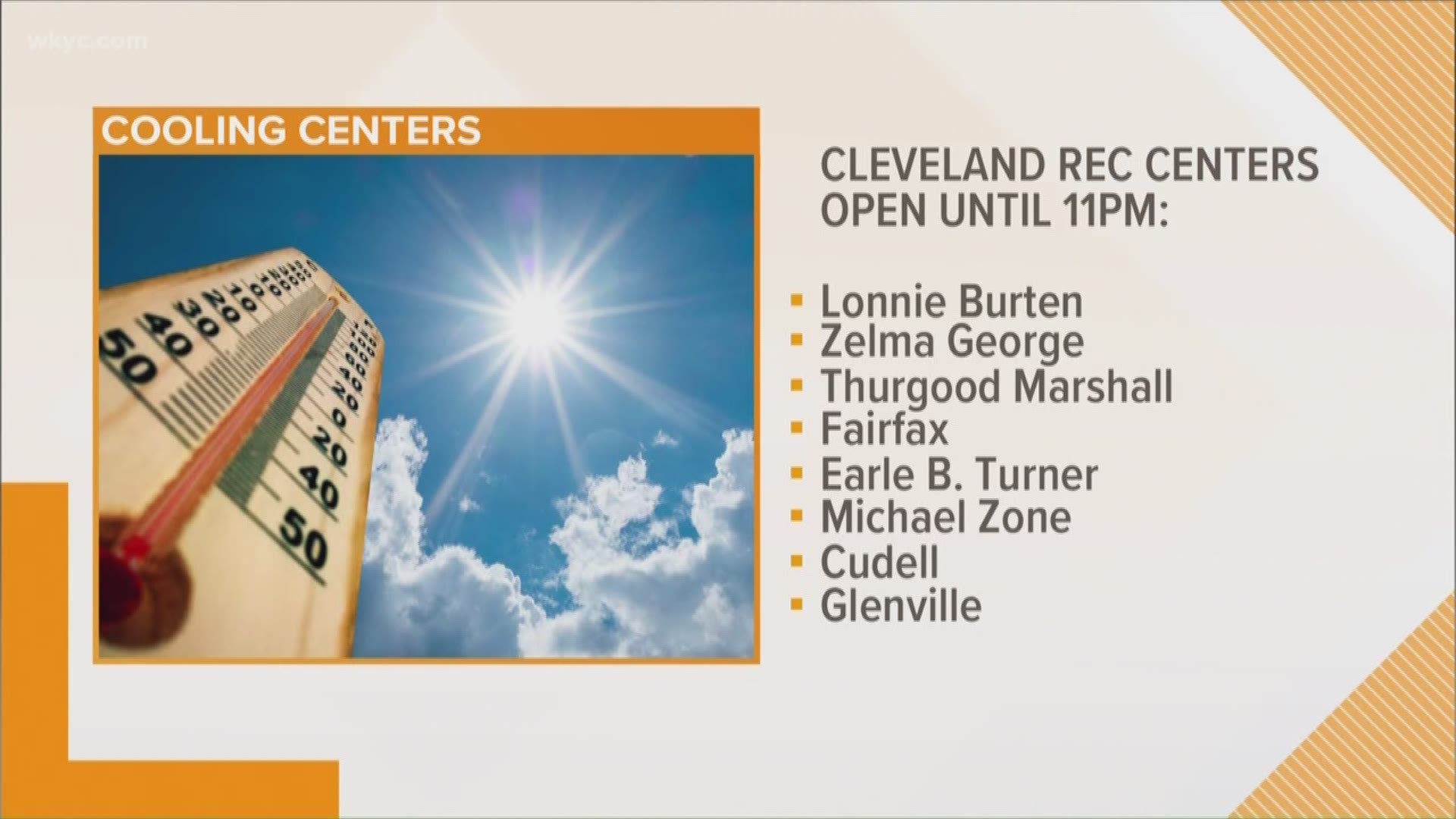 July 18, 2019: As Northeast Ohio prepares for dangerously hot temperatures in the days ahead, cooling centers are opening throughout the area. The National Weather Service says the heat indexes Friday and Saturday could top 110+ degrees.