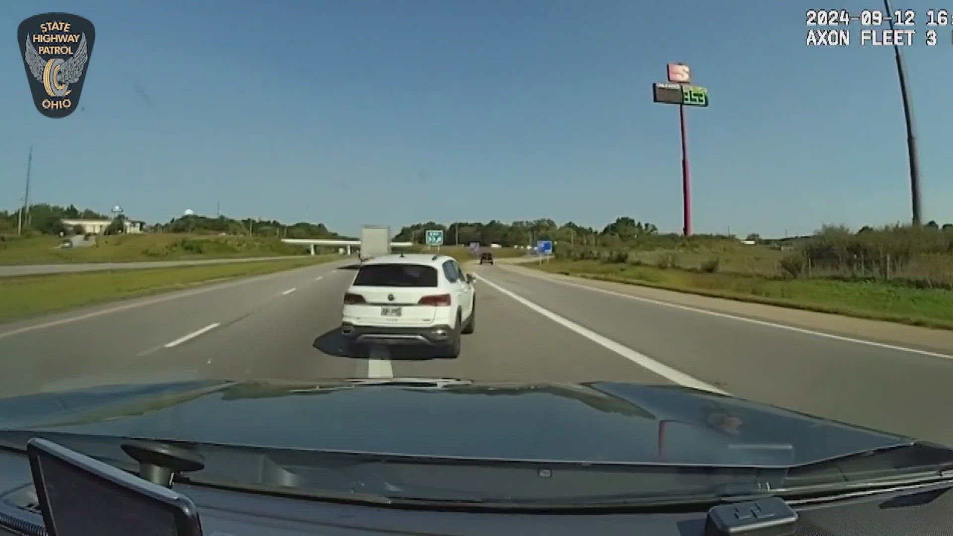 The law enforcement vehicles collided on I-76 in Portage County while chasing an allegedly stolen SUV. A trooper was hospitalized and is expected to recover.