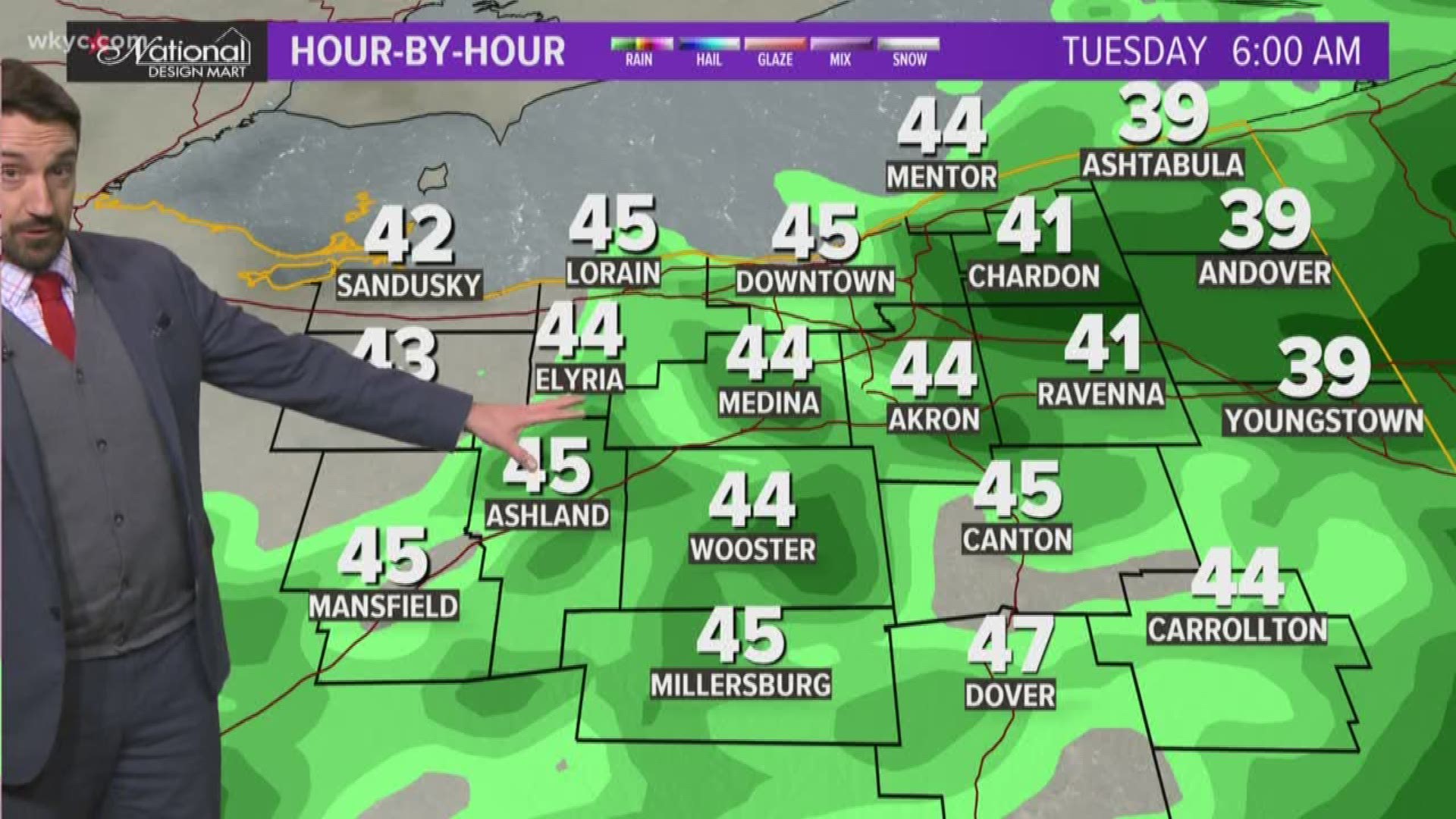 On Tuesday rain will continue on and off through the morning before we begin to dry out later in the day. Temps will actually start on the mild side with mid 40s.