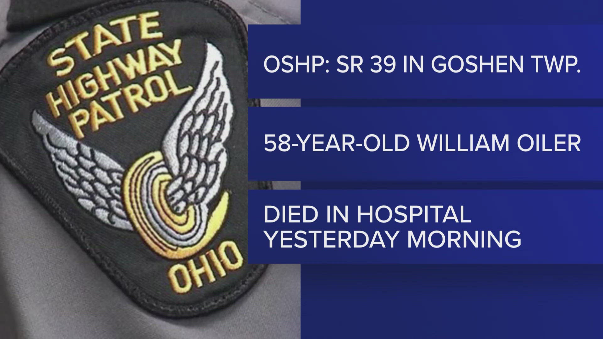 Troopers say a Chevy Avalanche driven by 58-year-old William Oiler went off of the roadway, striking a utility pole and two parked cars in Goshen Township.