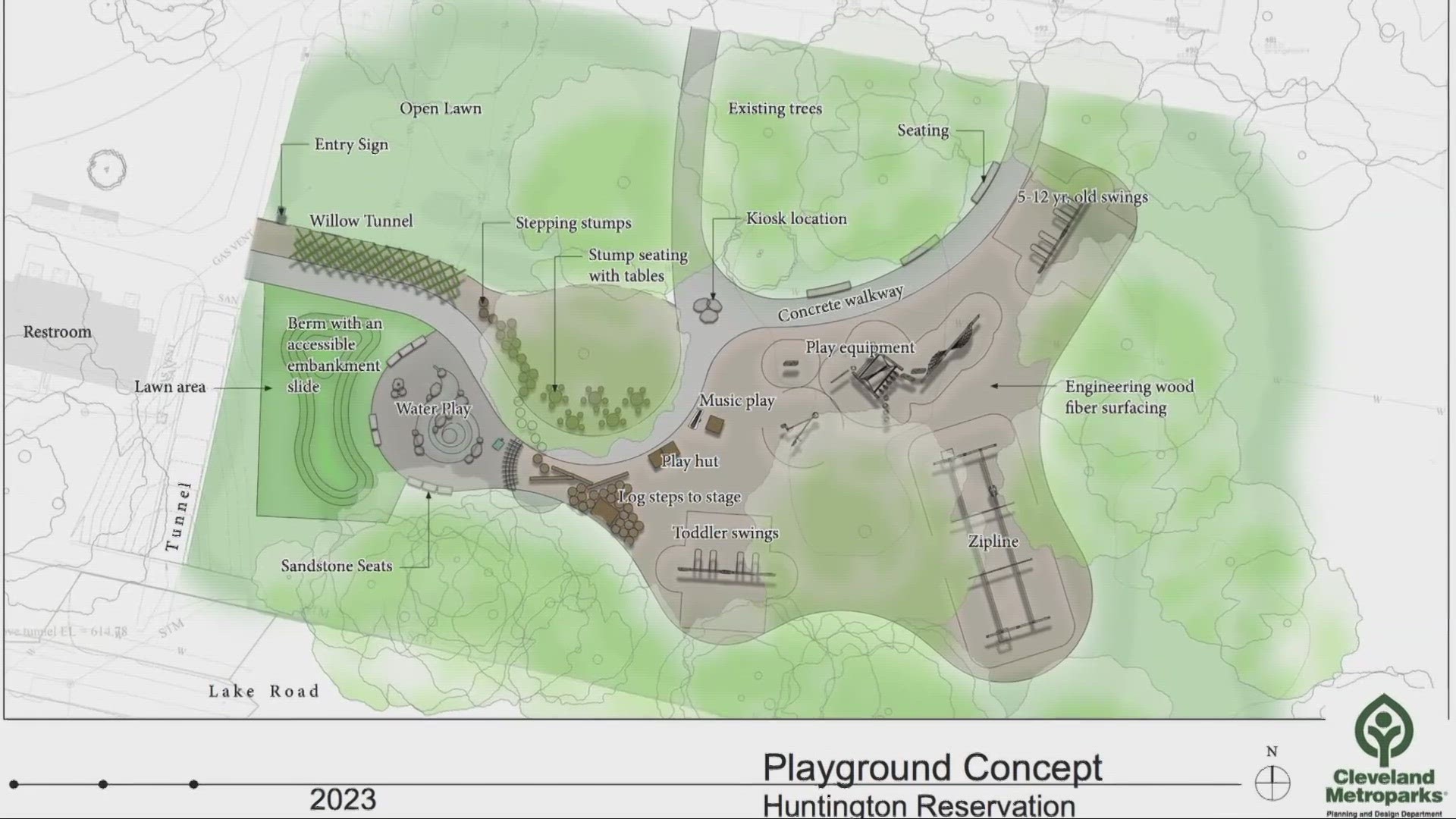 The play area will include a 50-foot zipline, water feature, swings and more.