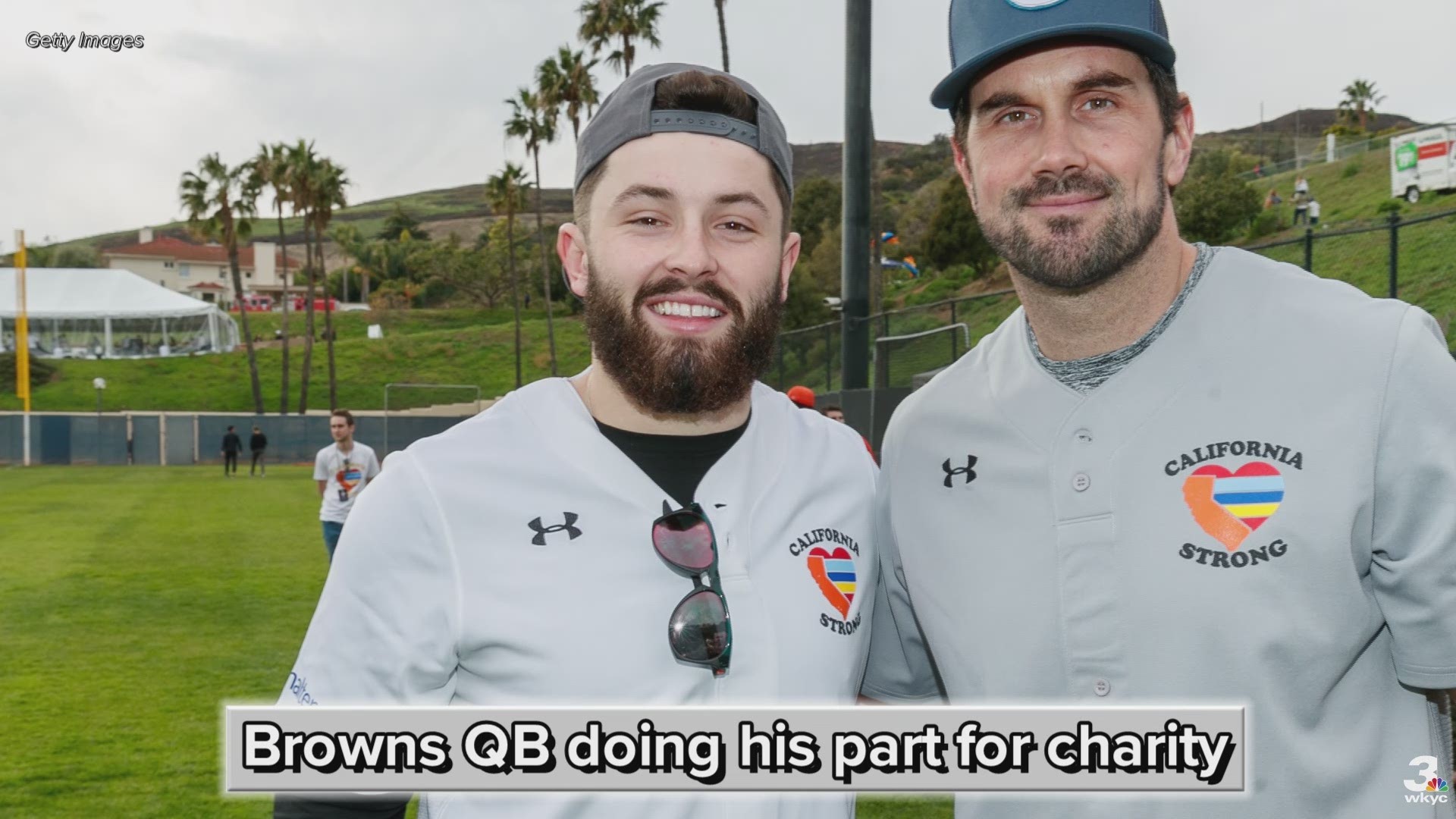 Despite taking good-natured ribbing for a batting practice swing, Cleveland Browns quarterback Baker Mayfield smacked an extra-base hit and scored a run in a charity softball game.