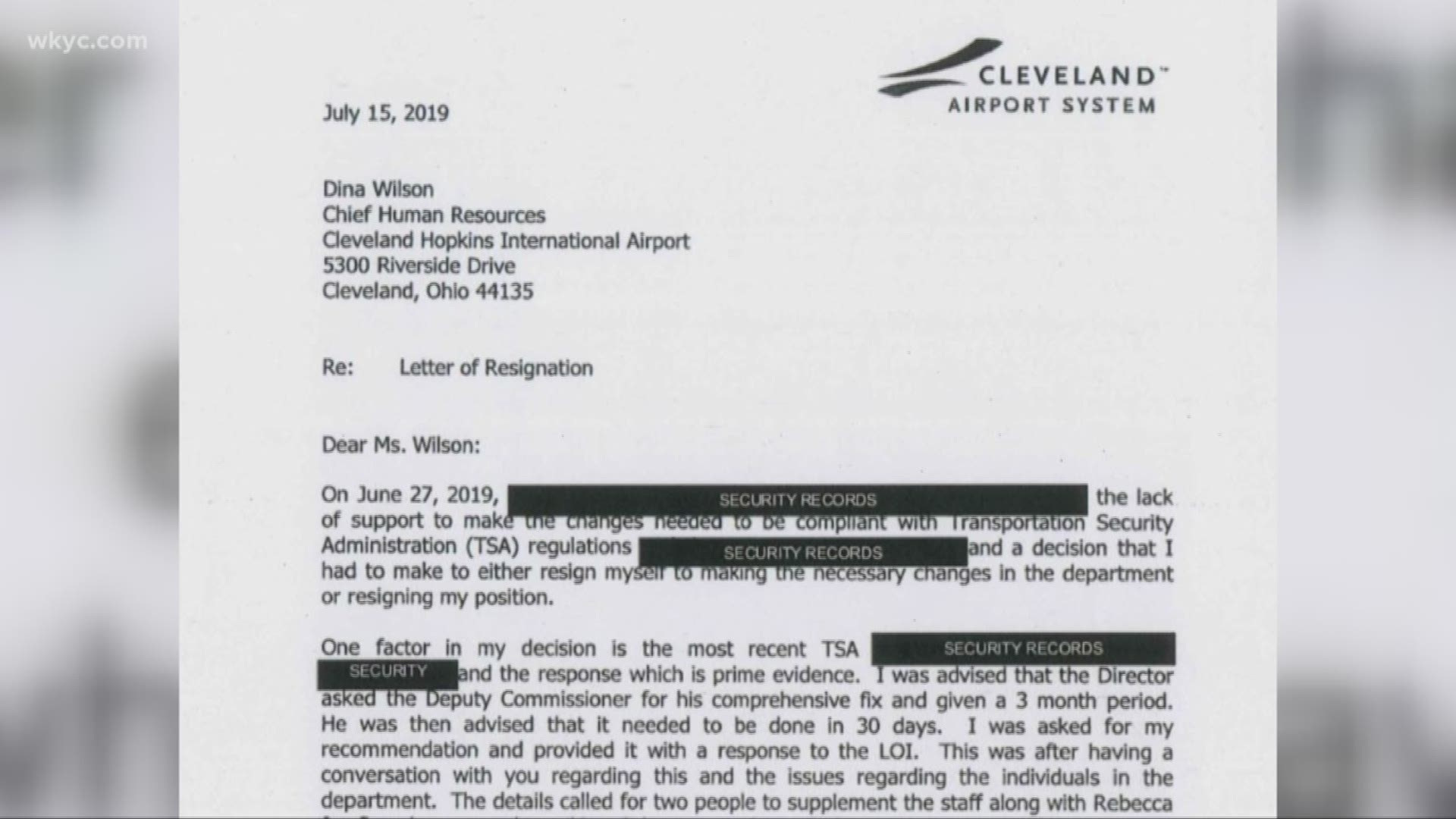 The letter cites a “lack of support to make changes needed to be compliant with Transportation Security Administration (TSA) regulations.”