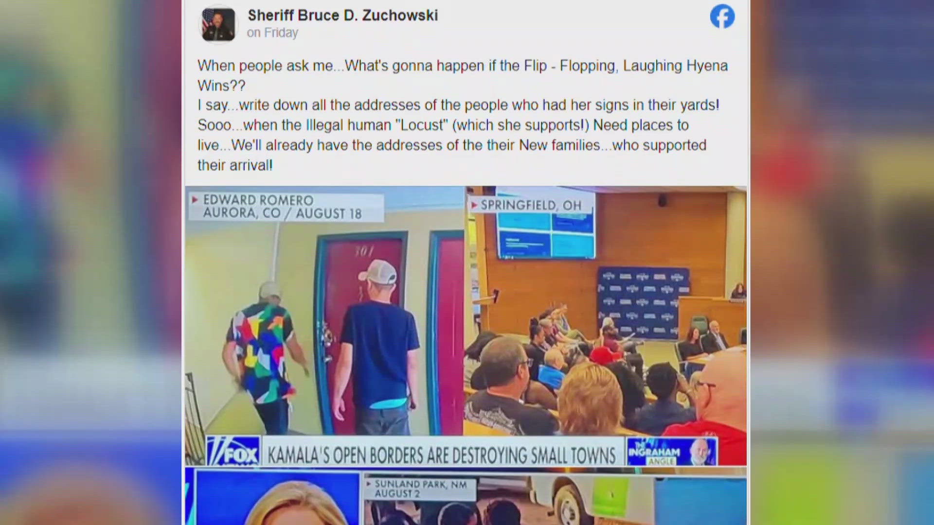 Sheriff Bruce D. Zuchowski, who took office in 2021, made the remarks in Facebook posts shared to two separate accounts on the night of Sept. 13.