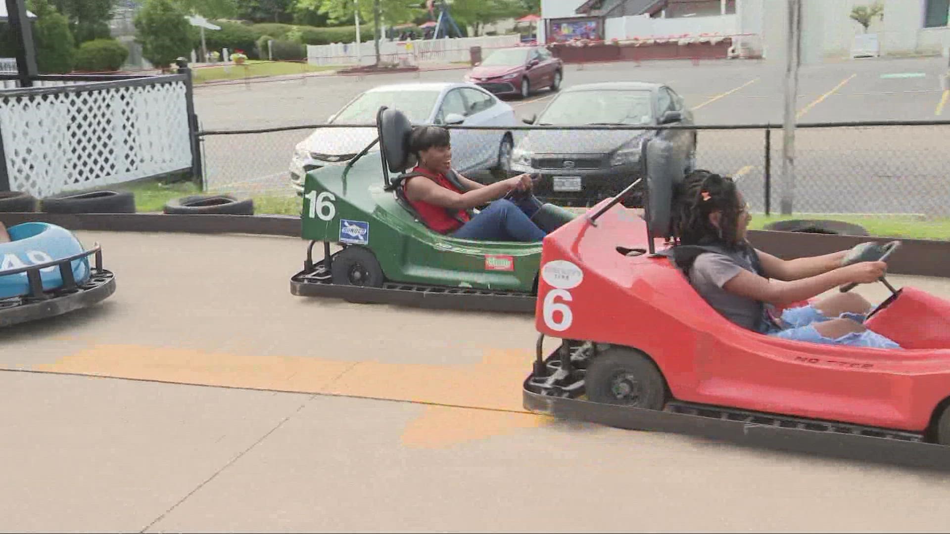 Family gokart racing with 3News' Danielle Wiggins at Fun 'n' Stuff in