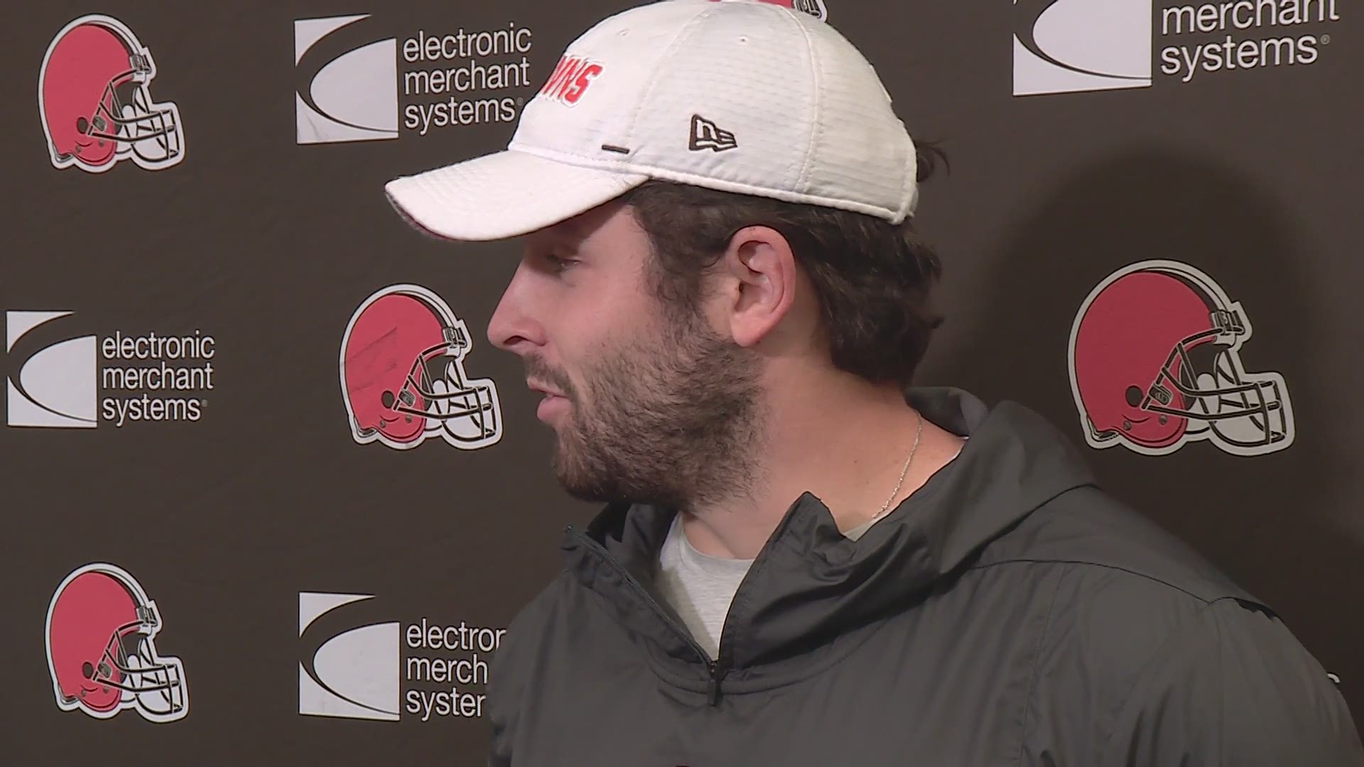 Browns quarterback Baker Mayfield ended his weekly press conference by reacting to his wife's new job with WKYC Studios.