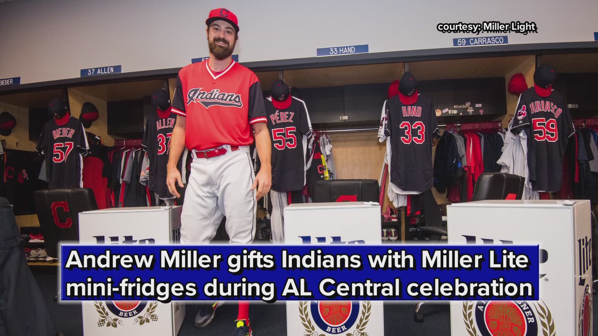Andrew Miller gifts Cleveland Indians with Miller Lite mini-fridges during AL Central celebration