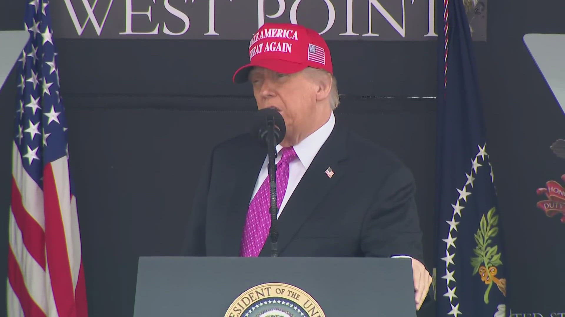 Wearing a red 'Make America Great Again' hat, the Republican president told the 1,002 graduating cadets that 'you came from excellence, you came for duty.'