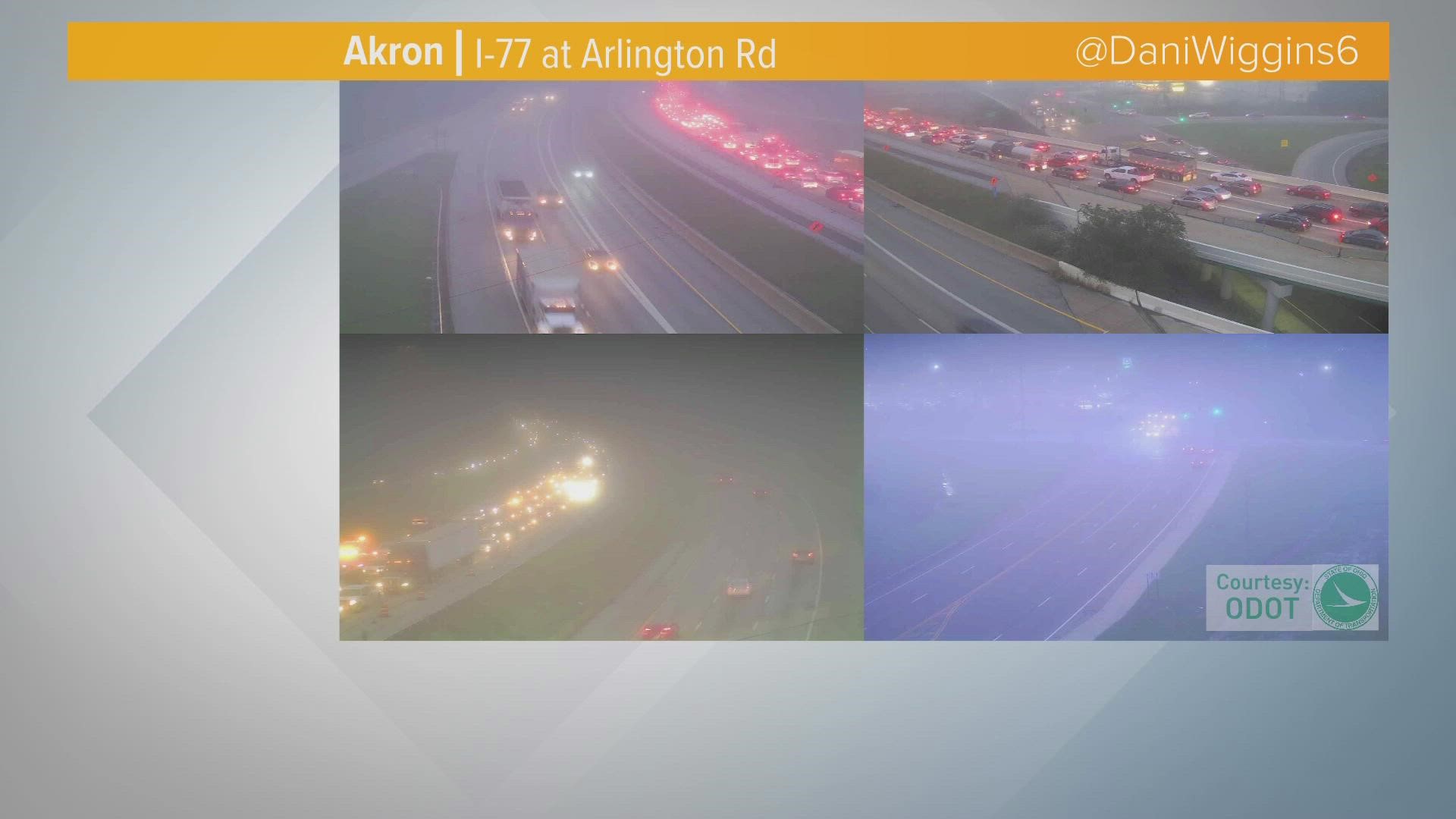 A crash has closed I-77 North at Arlington Road in Akron, resulting in traffic delays.