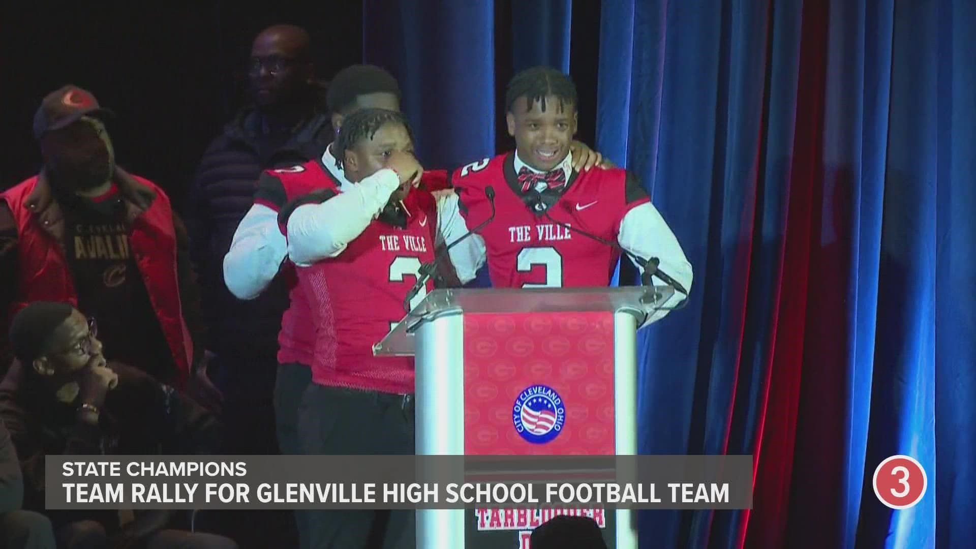 Multiple Cleveland Glenville High School football players gave emotional speeches during the team's state championship celebration on Thursday.