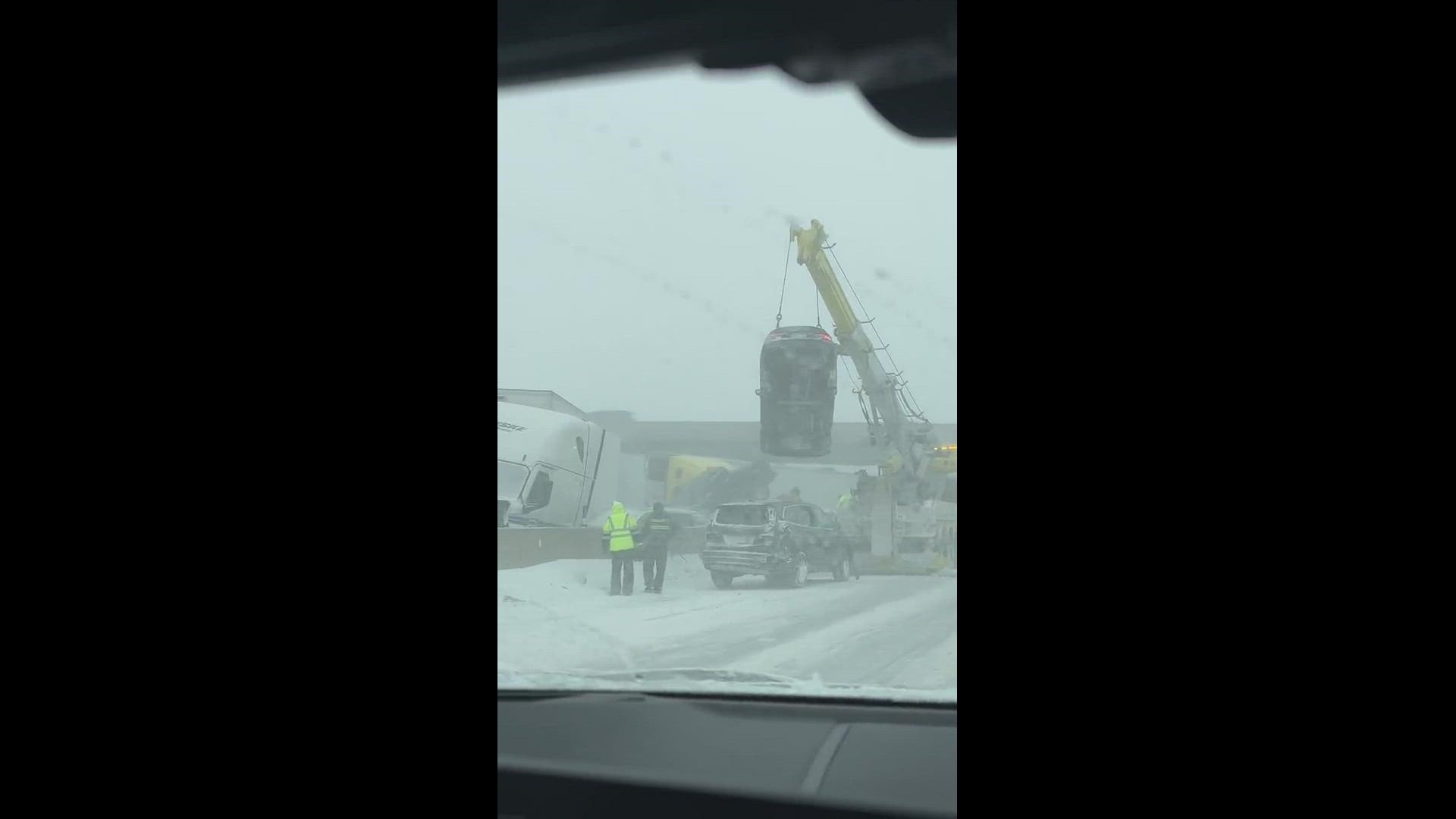 Multiple agencies are on scene of a string of major crashes that closed a portion of the Ohio Turnpike Friday afternoon. Credit: Mike Waldron