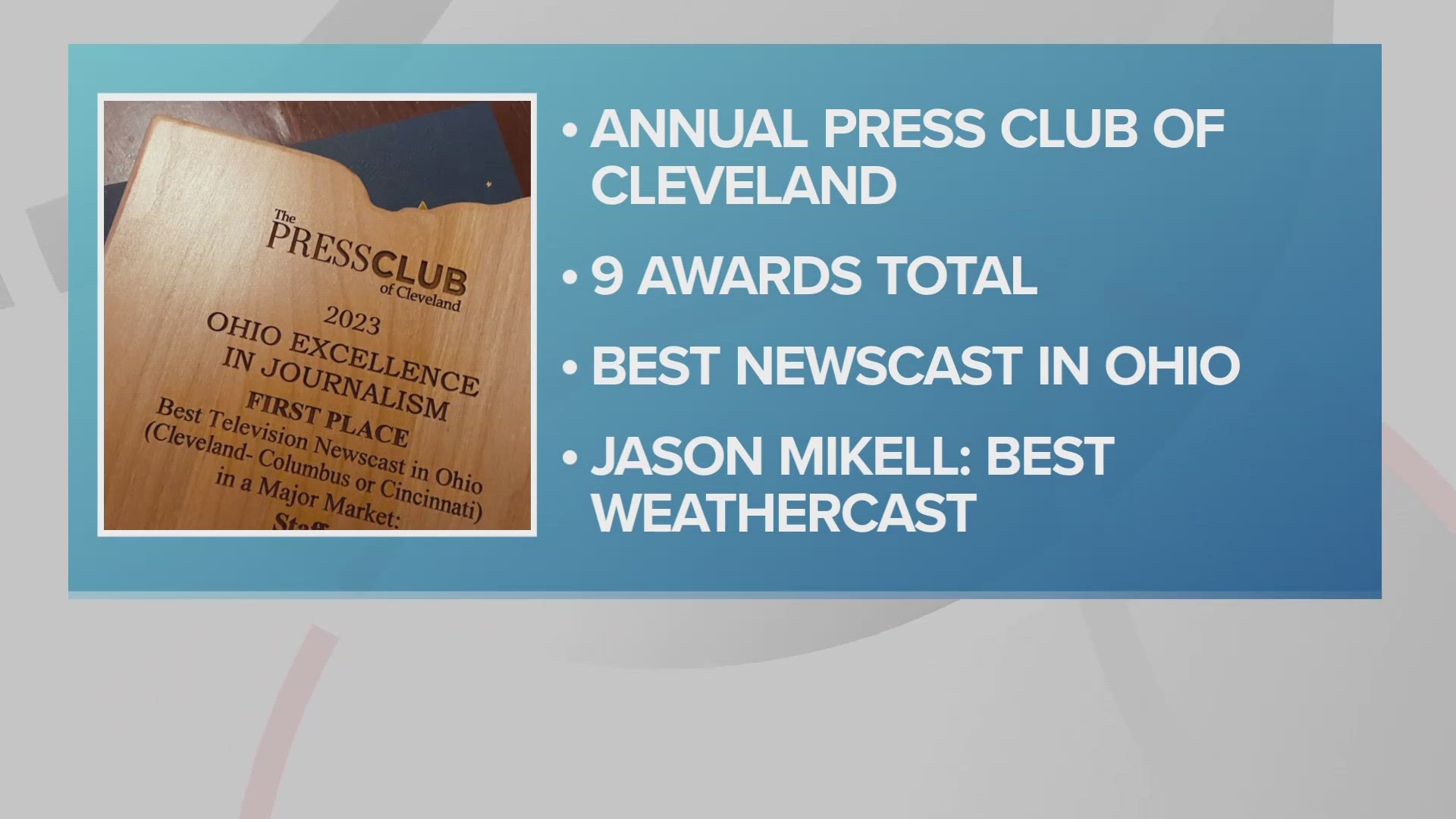 In addition, 3News Meteorologist Jason Mikell took home first place honors for 'Best Weathercast' during Friday's awards at the House of Blues.