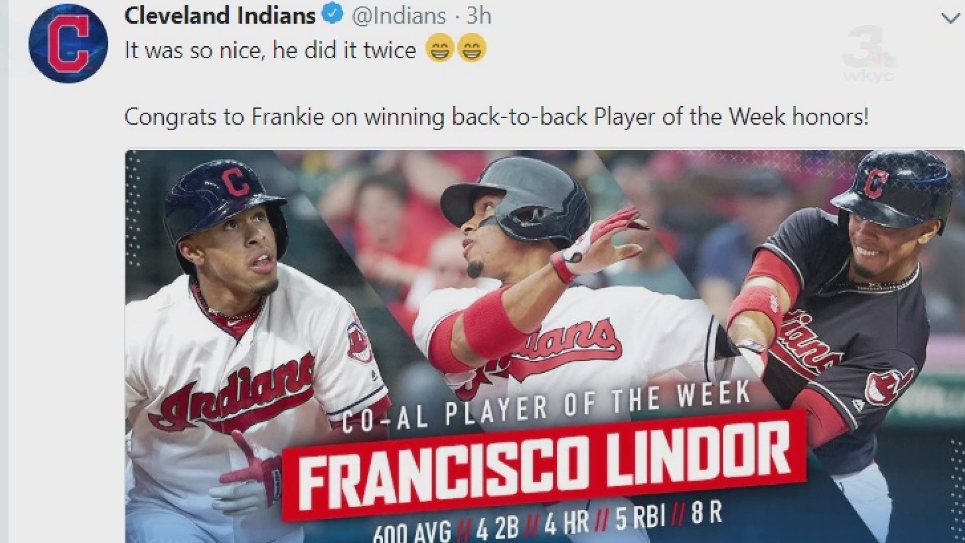 Cleveland Indians SS Francisco Lindor named AL Player of the Week