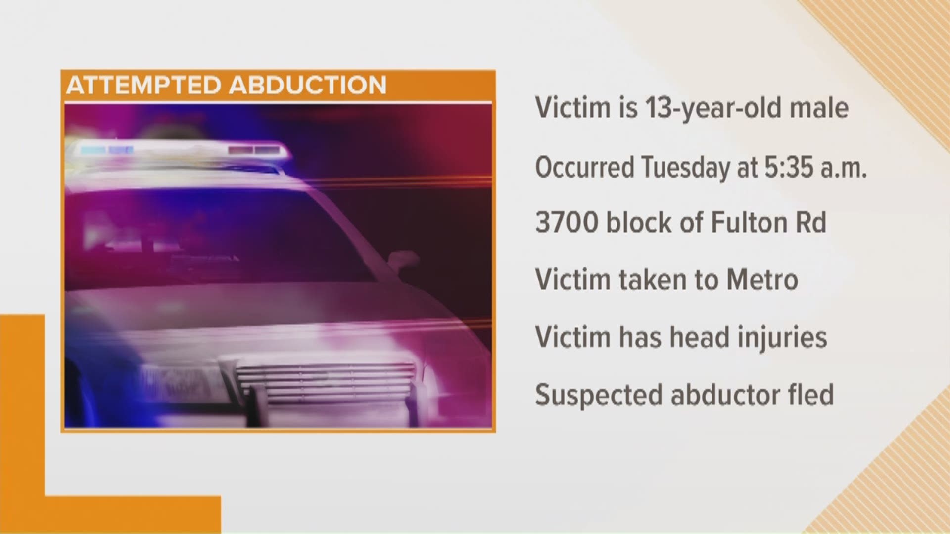 May 15, 2018: Police are investigating after the attempted abduction of a 13-year-old boy in the 3700 block of Fulton Road around 5:35 a.m. The boy was taken to the hospital with head lacerations. The suspects fled.