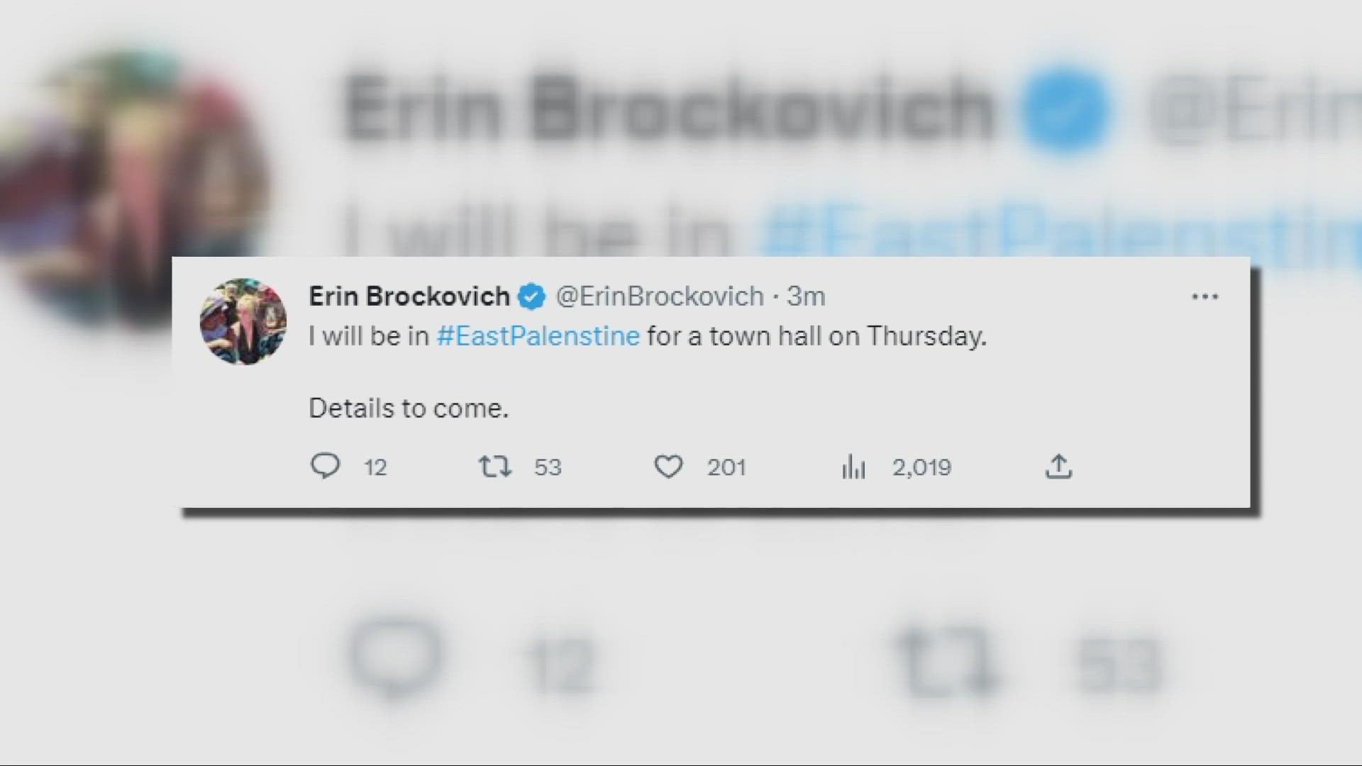 Taking to Twitter on Friday, activist Erin Brockovich revealed that she'll be heading to East Palestine next week.