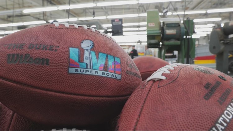 An official game ball for the NFL Super Bowl 50 football game is  photographed, Tuesday, Jan. 26, 2016. The Wilson Sporting Goods football  factory in Ada, Ohio has made the official Super