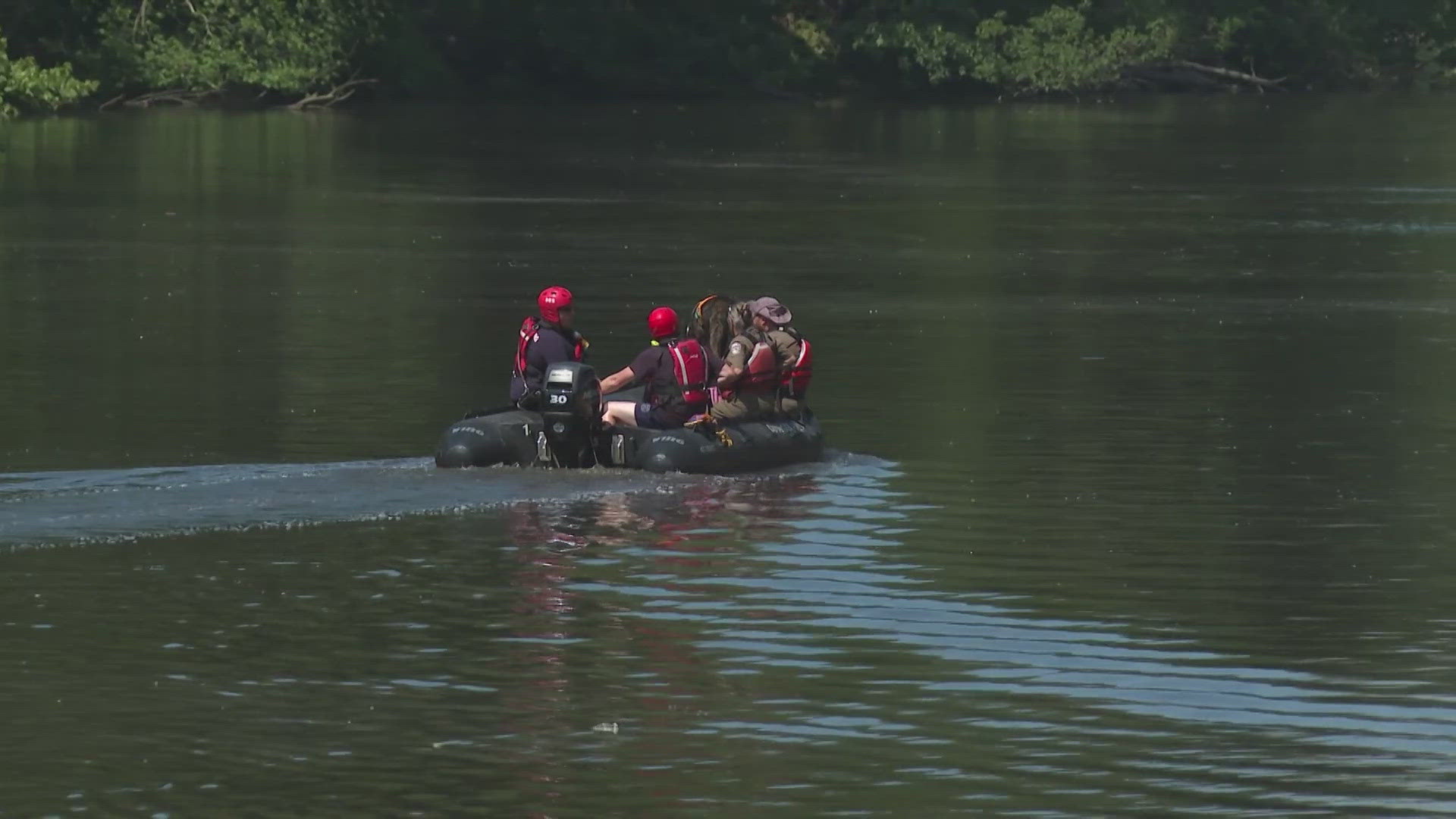 Crews continue the search for Patrick Cross using boats and drones after his inner tube overturned. The body of Cross' 5-year-old son Braxton was found on Sunday.