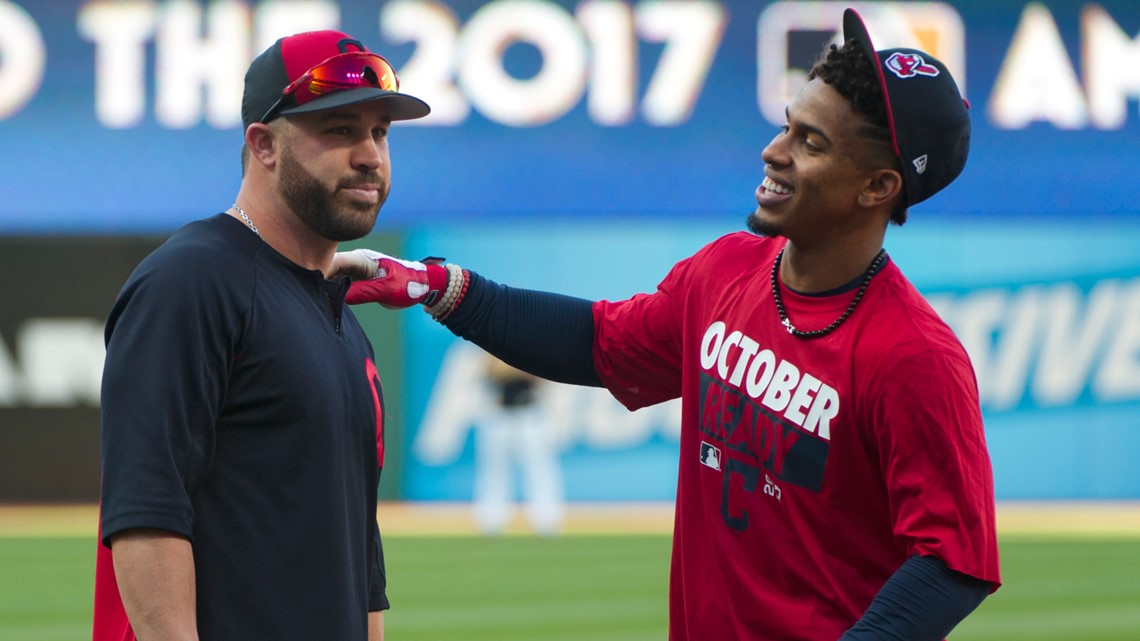 Cleveland Indians' Francisco Lindor poses with his teams baseball