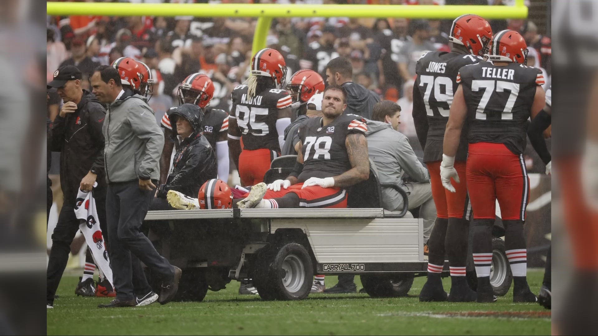 The former All-Pro got hurt when Cincinnati's Trey Hendrickson accidentally rolled into the side of his knee after being blocked in the first half Sunday.