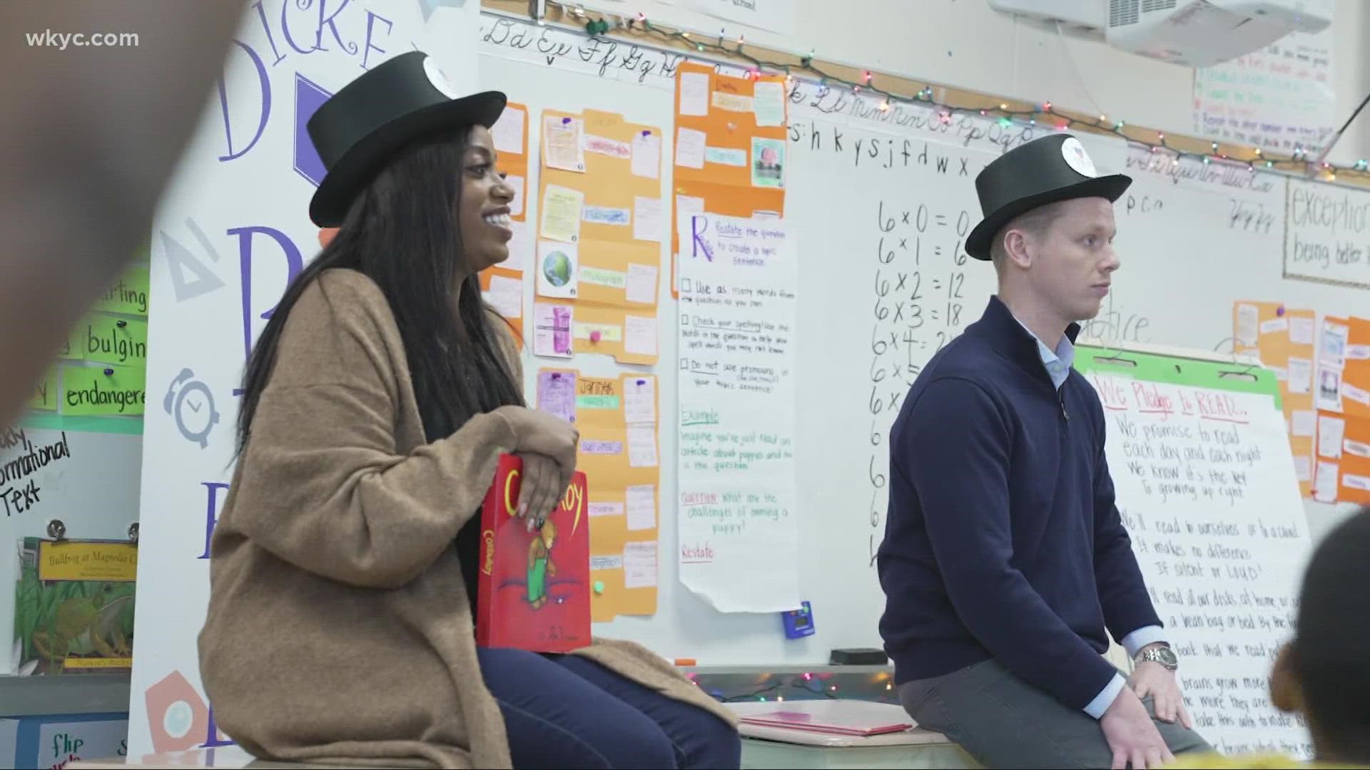 GO!'s Jasmine Monroe and Austin Love popped in to read "Corduroy" to second- and third-graders at Dickens School in Cleveland