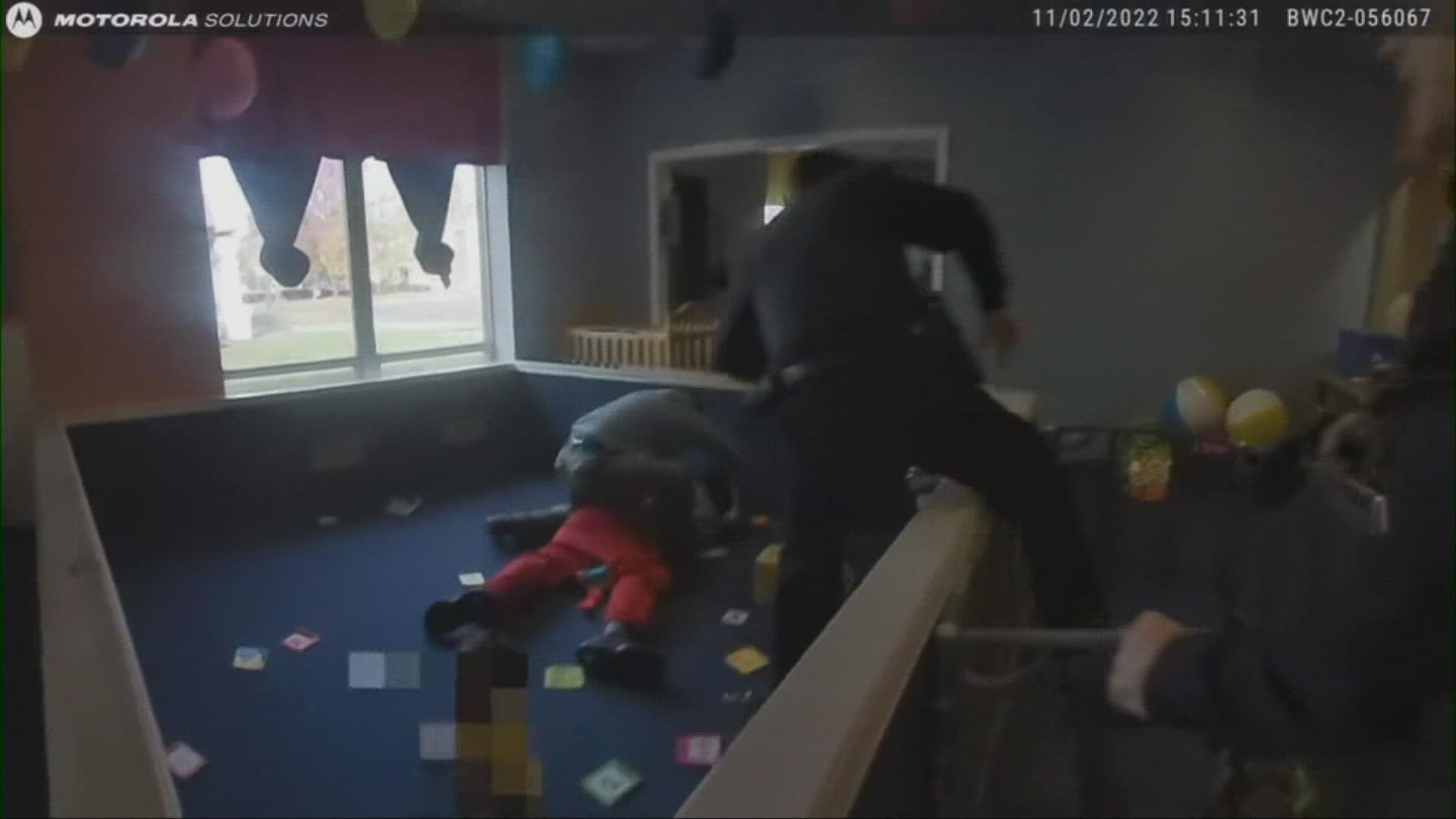 Police finally captured the suspect when he went into a classroom, tumbling into a playpen near several young children.