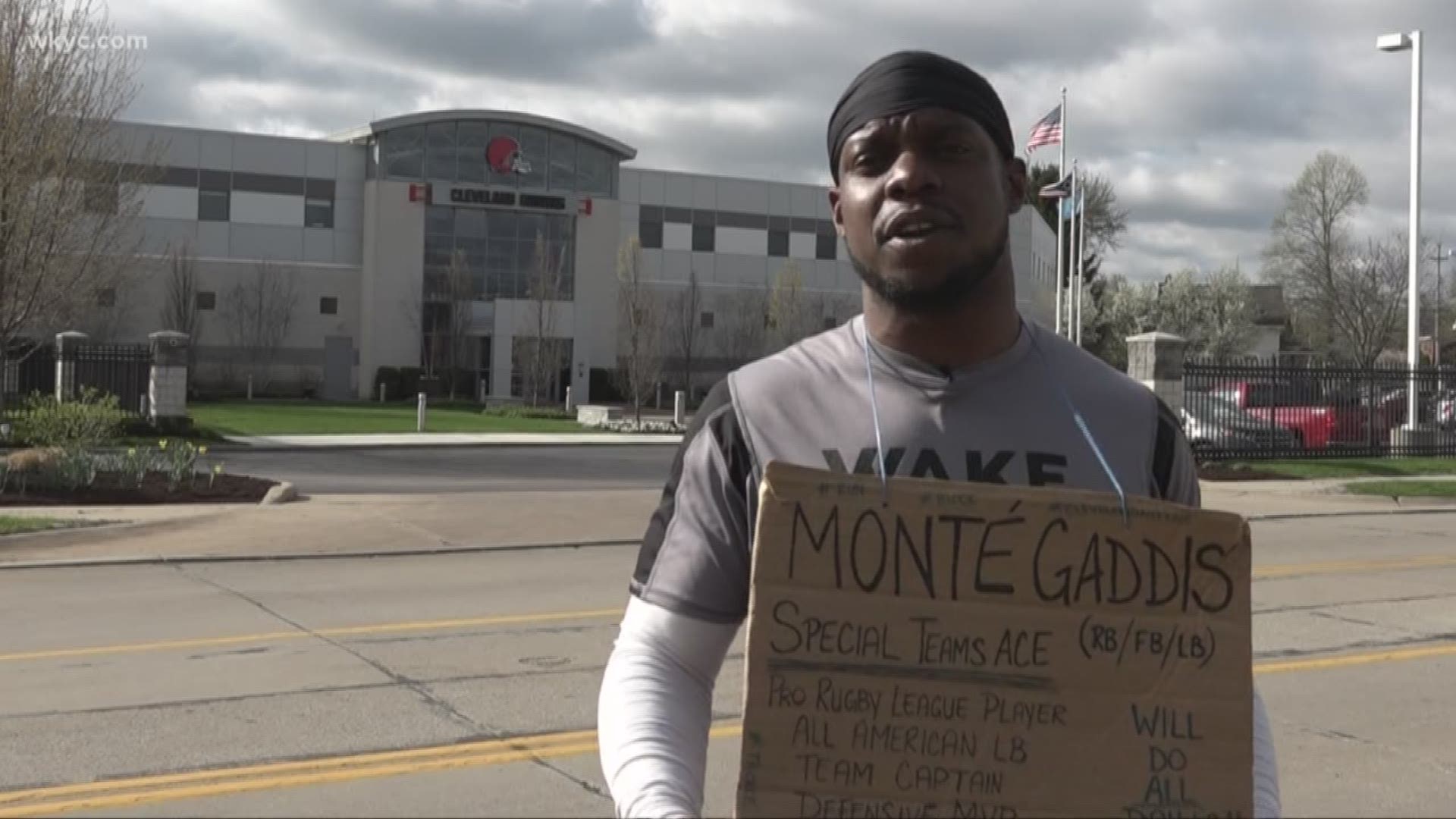 April 25, 2019: If you happen to be driving down Lou Groza Blvd. in Berea, you might notice something unusual. That would be former Towson linebacker and Cleveland native Monte Gaddis standing outside the Cleveland Browns' facility begging for a tryout with the team.